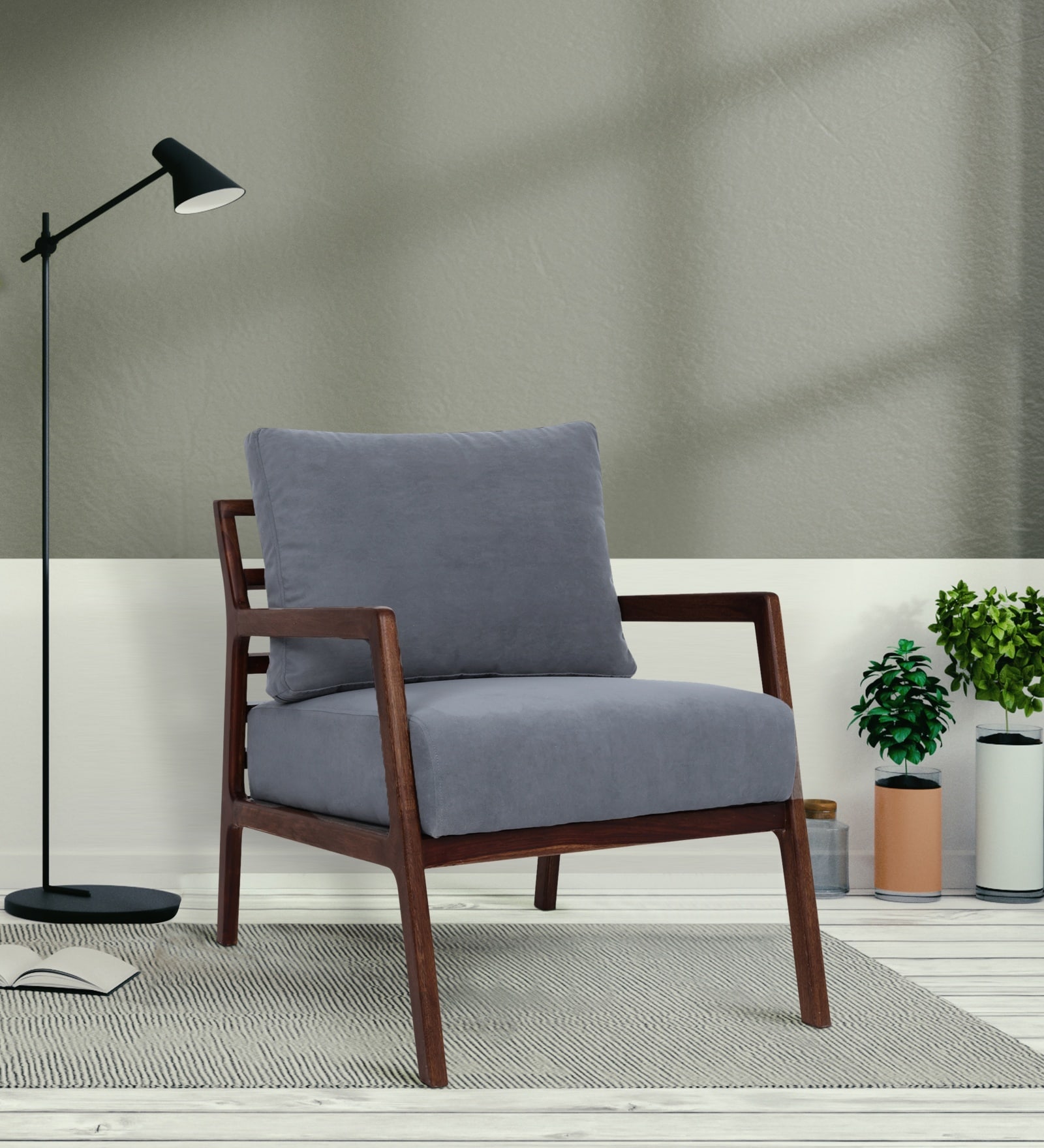 Brio Sheesham Wood Arm Chair In Grey Color