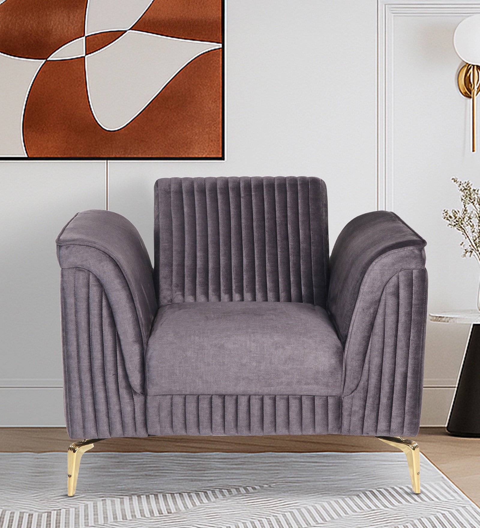 Brio Velvet Fabric 1 Seater Sofa in Textured Grey Color