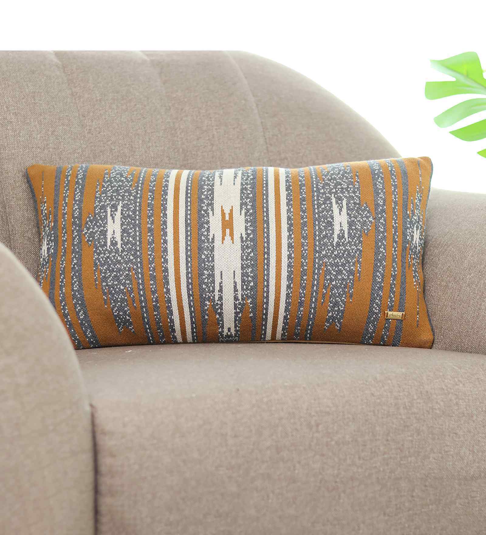 Bronze Grey Melange & Natural 100% Cotton Ikkat 12X20 Inches Knitted Cushion Cover