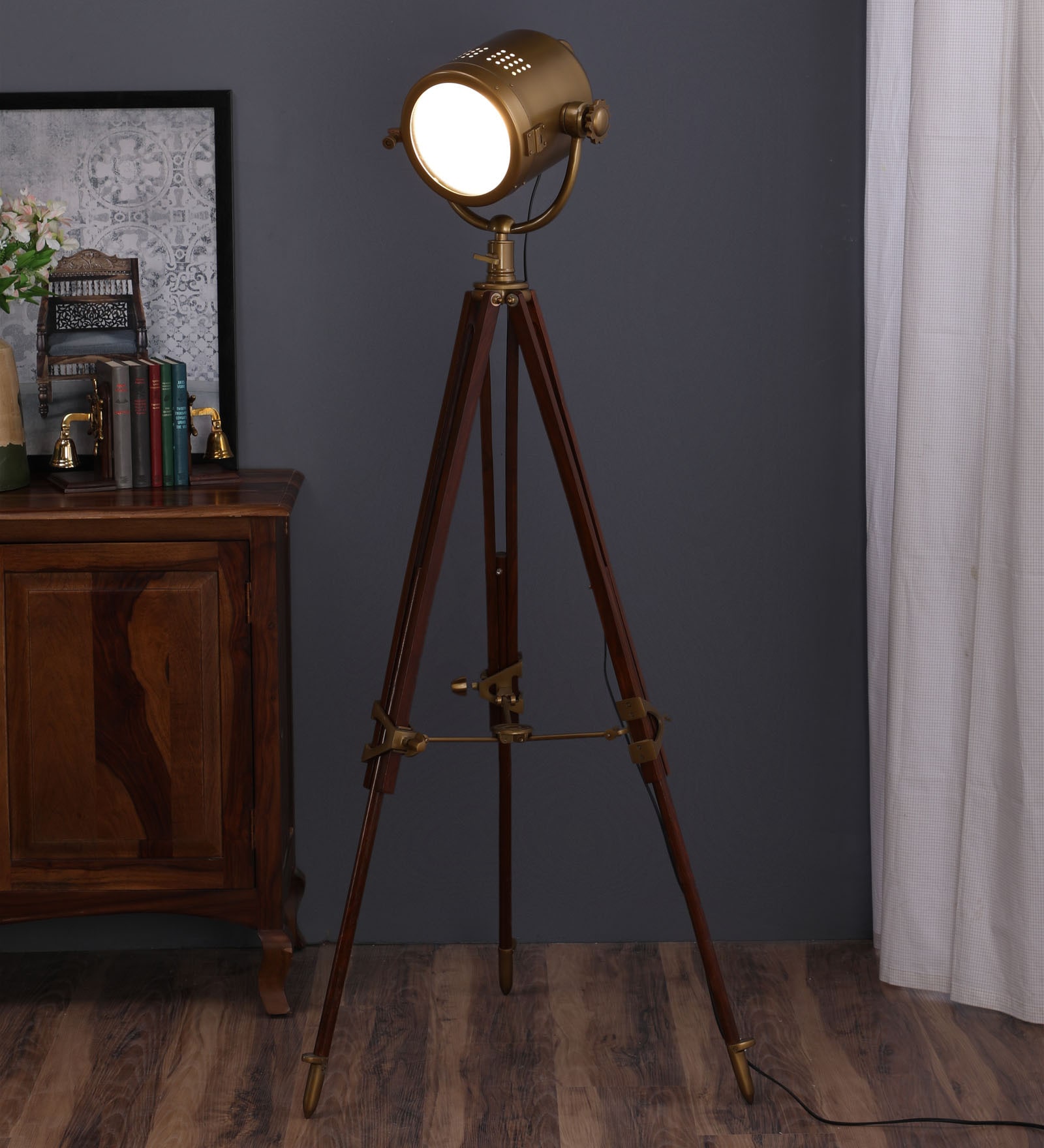Bronze Metal Shade Tripod Floor Lamp With Wood Base