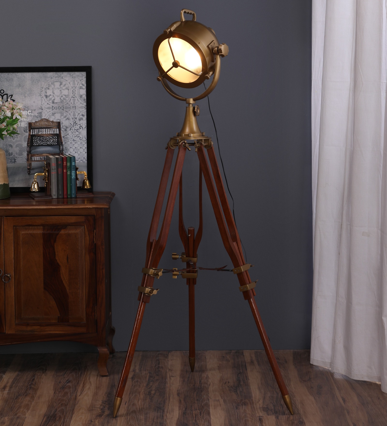 Bronze Metal Shade Tripod Floor Lamp With Brown Base