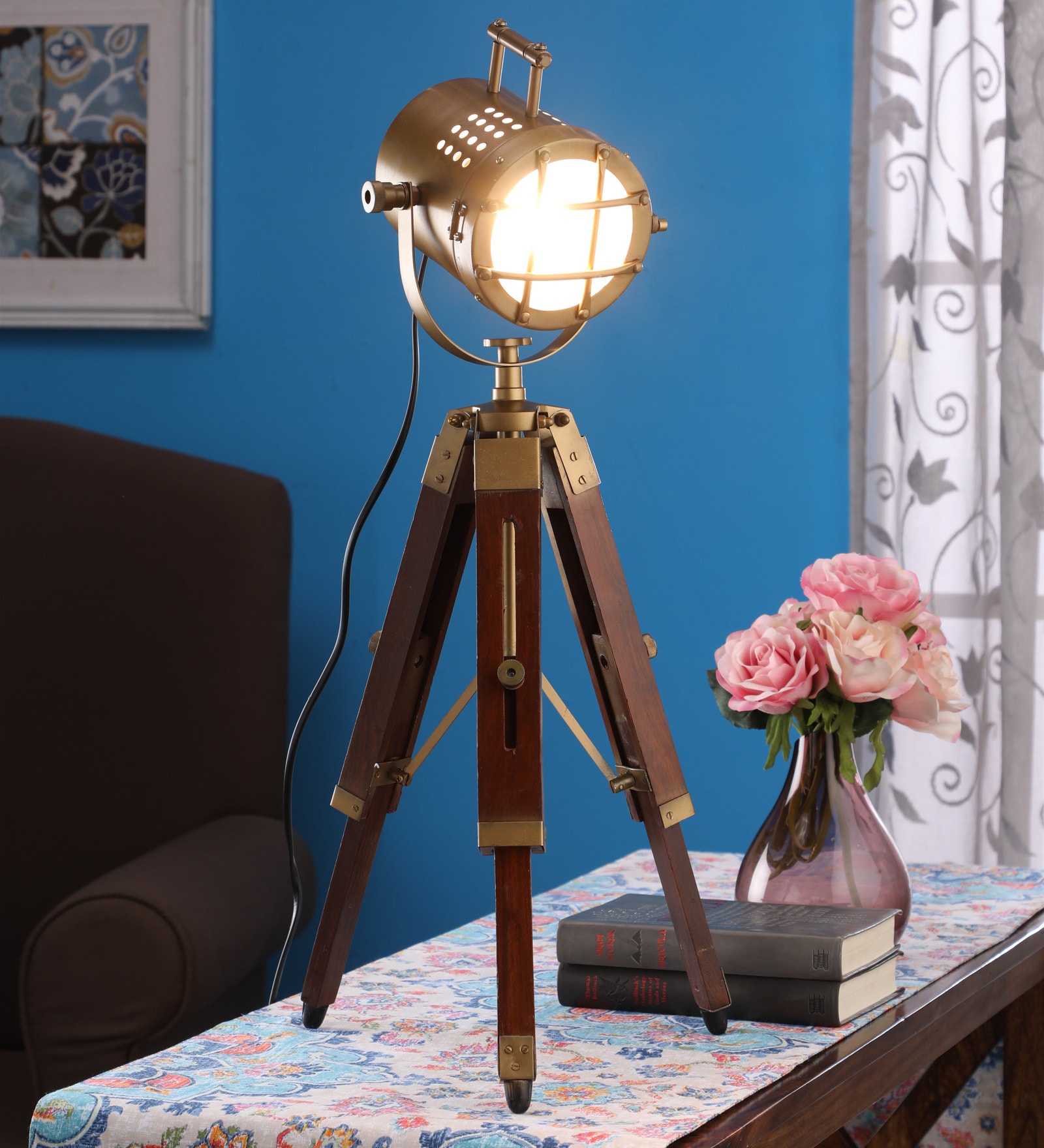 Bronze Metal Shade Tripod Table Lamp with Brown Base