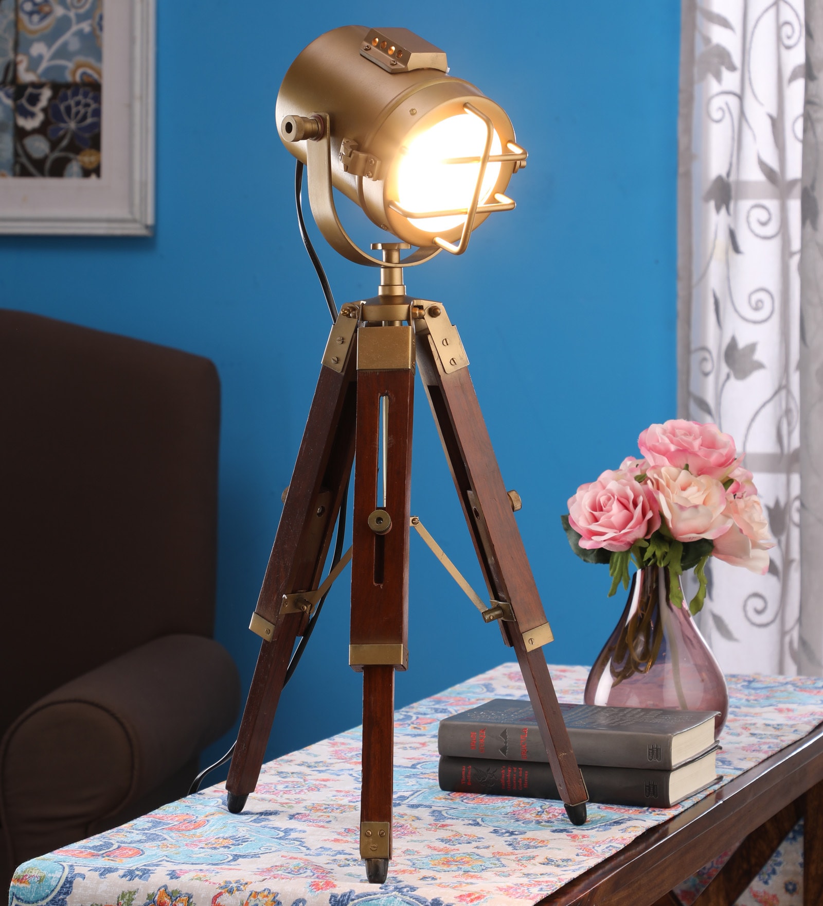Bronze Metal Shade Tripod Table Lamp with Brown Base