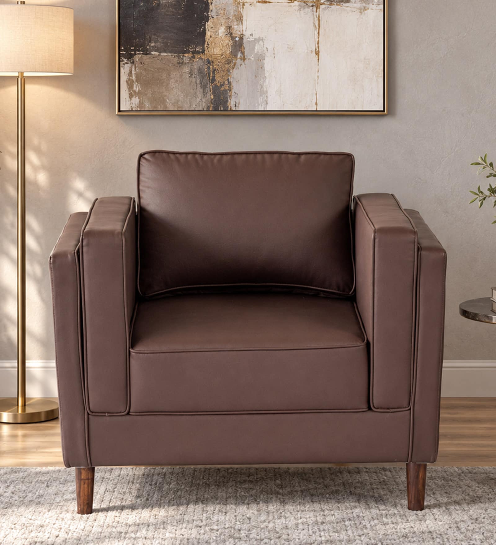 Brookly Leatherette 1 Seater Sofa In Brown Colour