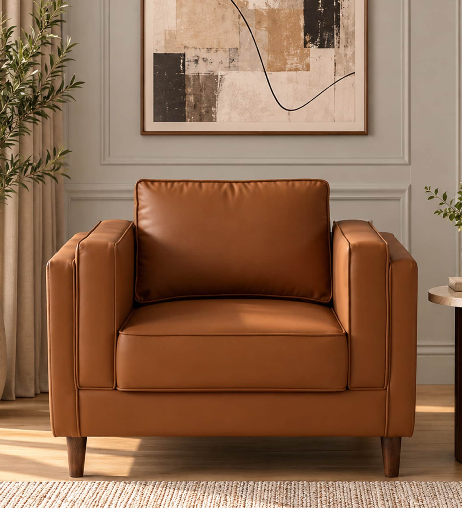 Brookly Leatherette 1 Seater Sofa In Tan Colour