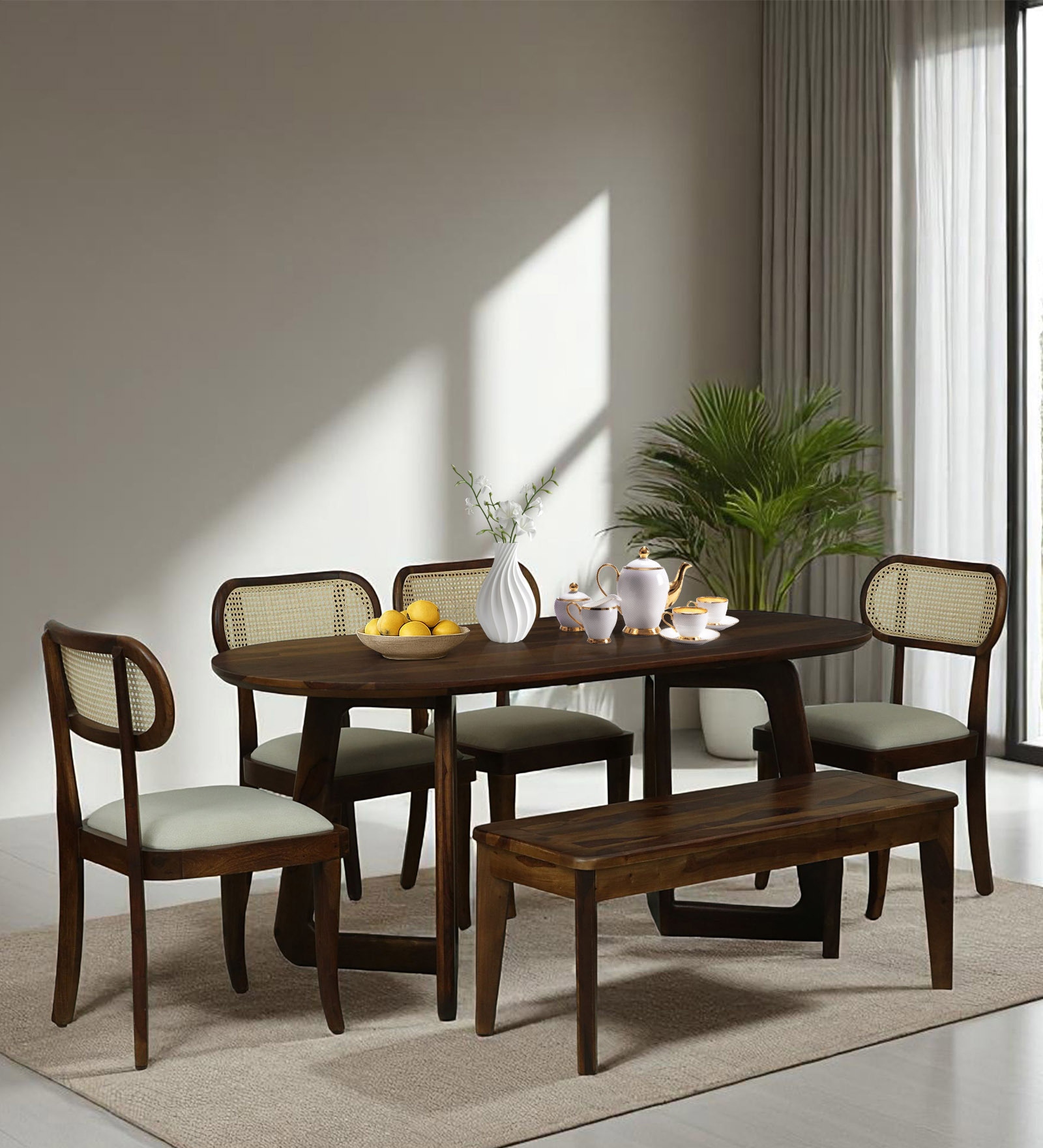 Brookwood Sheesham Wood Six Seater Dining Table set With Bench In Scratch Resistant Provincial Teak Finish