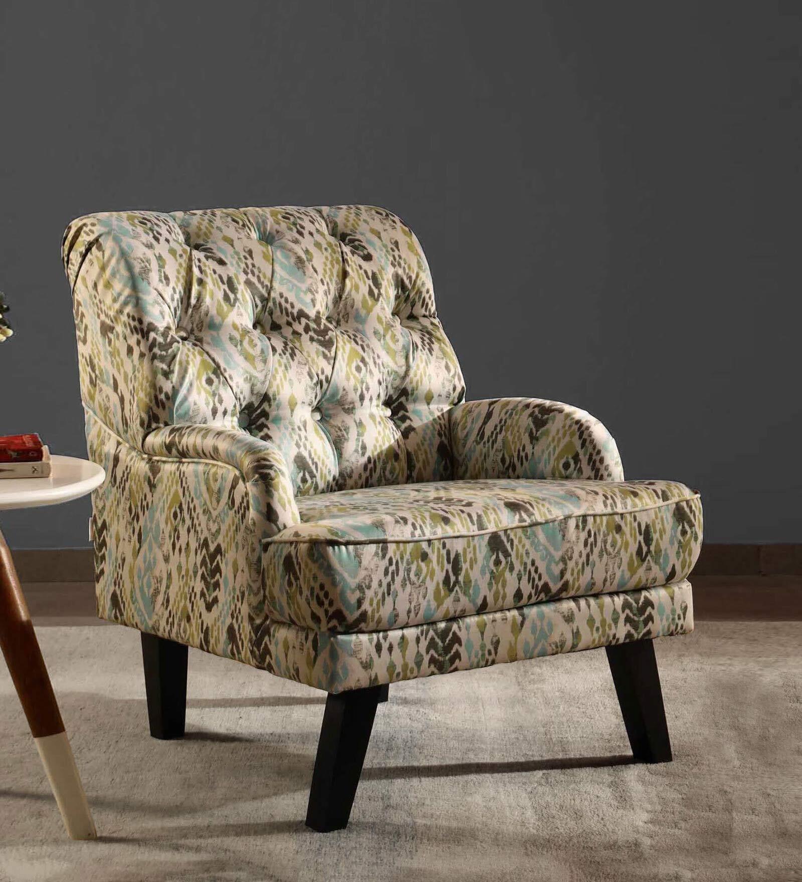 Broomedge Fabric Full Back Lounge Chair In Abstract Olive Print