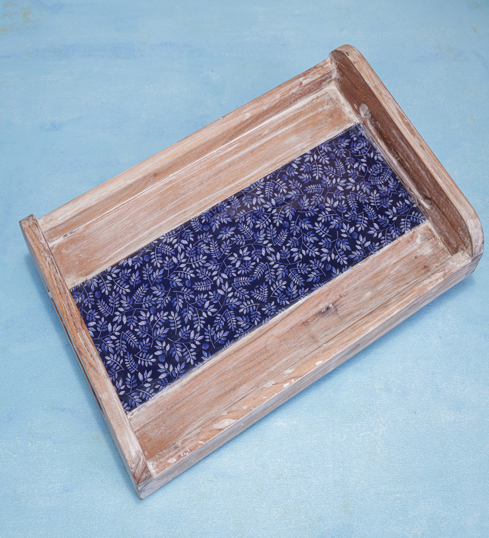 Brown & Blue Acacia Wood Serving Tray