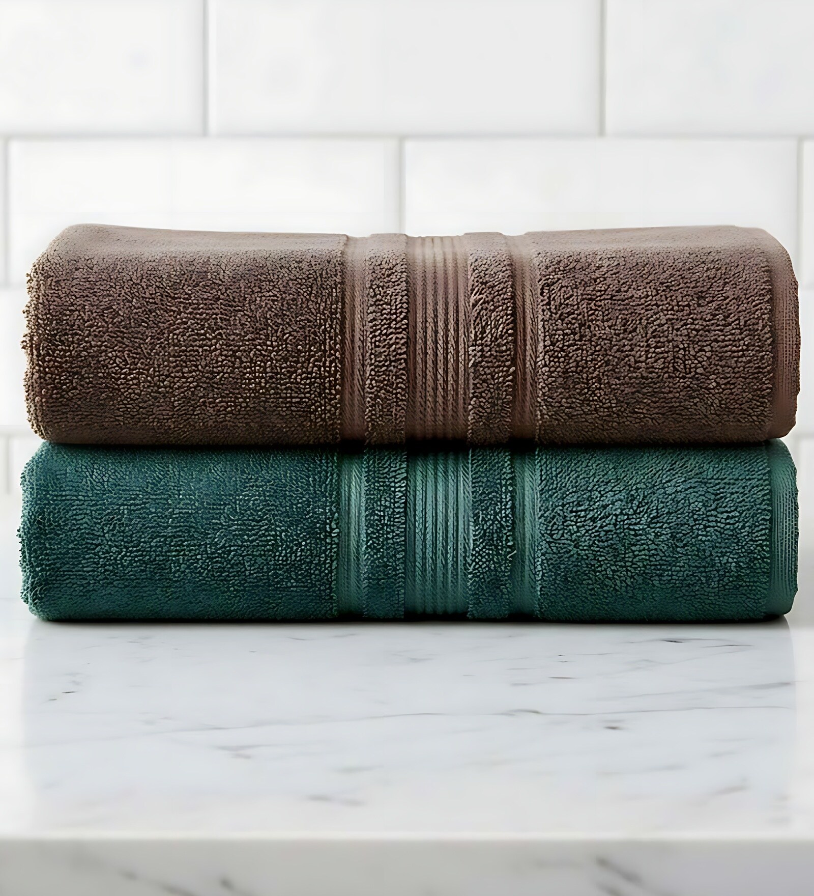 Brown & Dark Green Soft Cotton 500 GSM Solid Bath Towel Pack Of 2