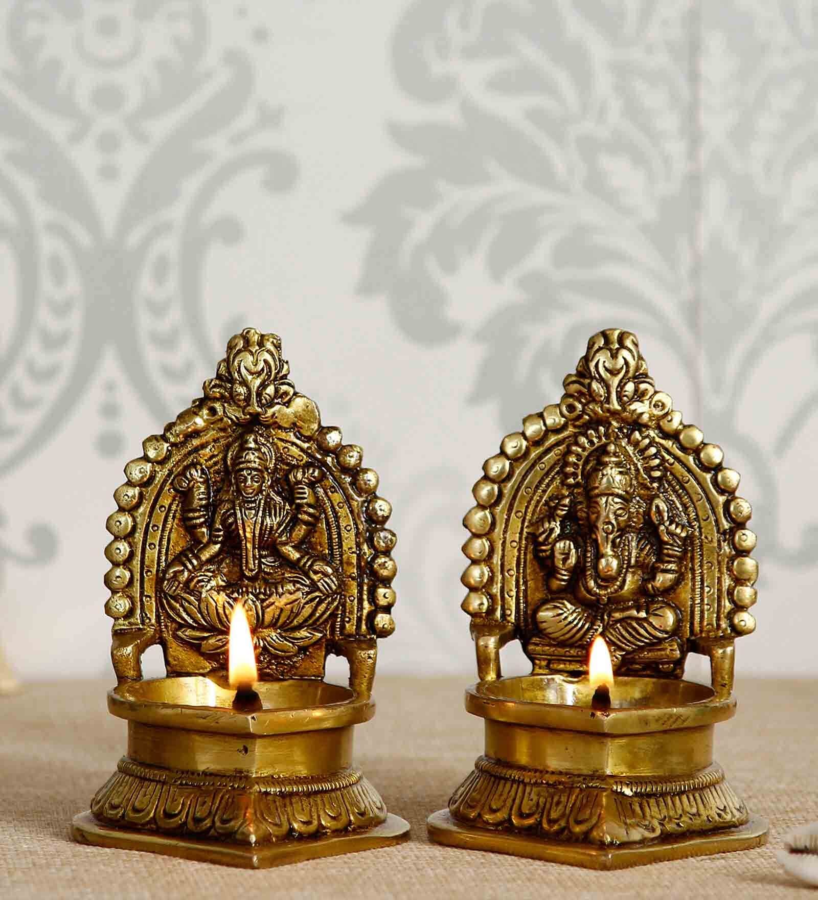 Brown & Gold Brass Laxmi Ganesha Handcrafted Diya eCraftIndia