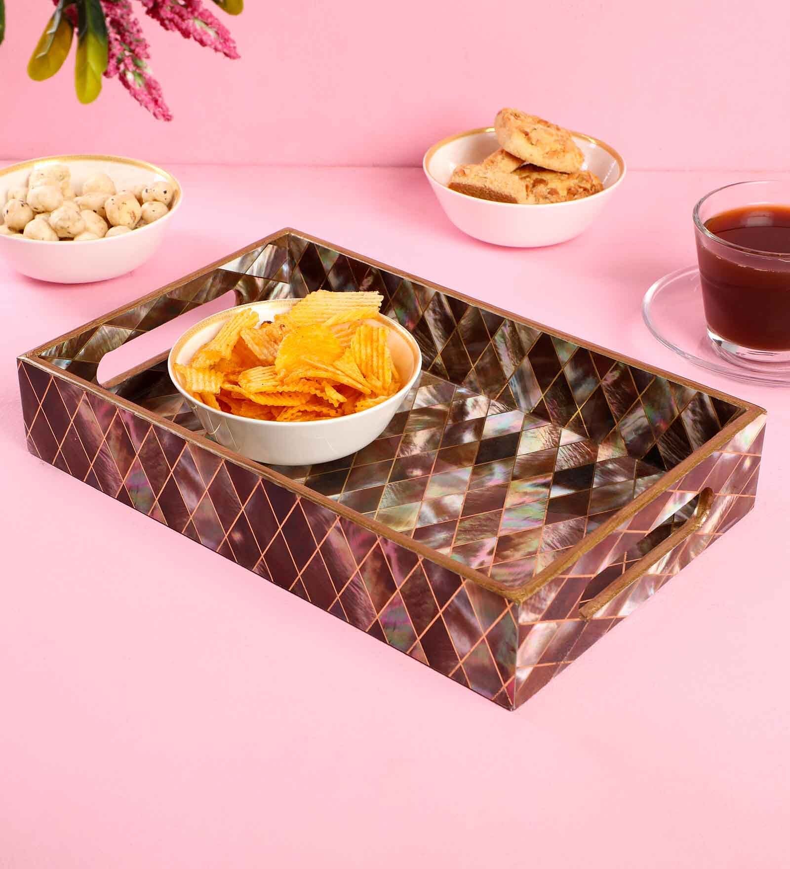 Brown & Gold MDF Wood Diamond  Rectangle Serving Tray