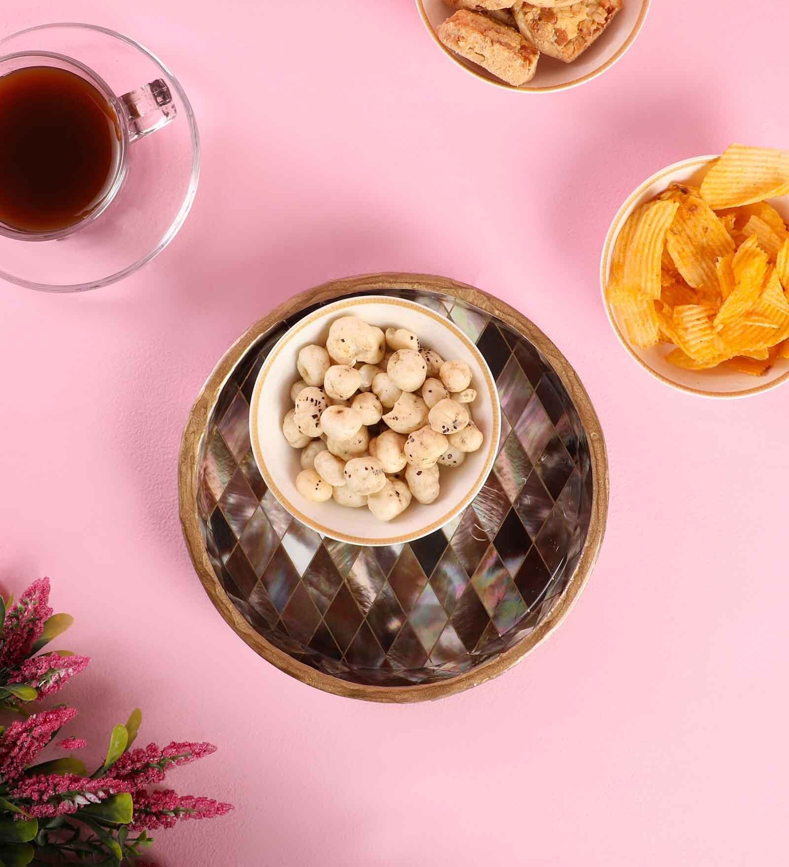 Brown & Gold MDF Wood Diamond  Round Serving Tray