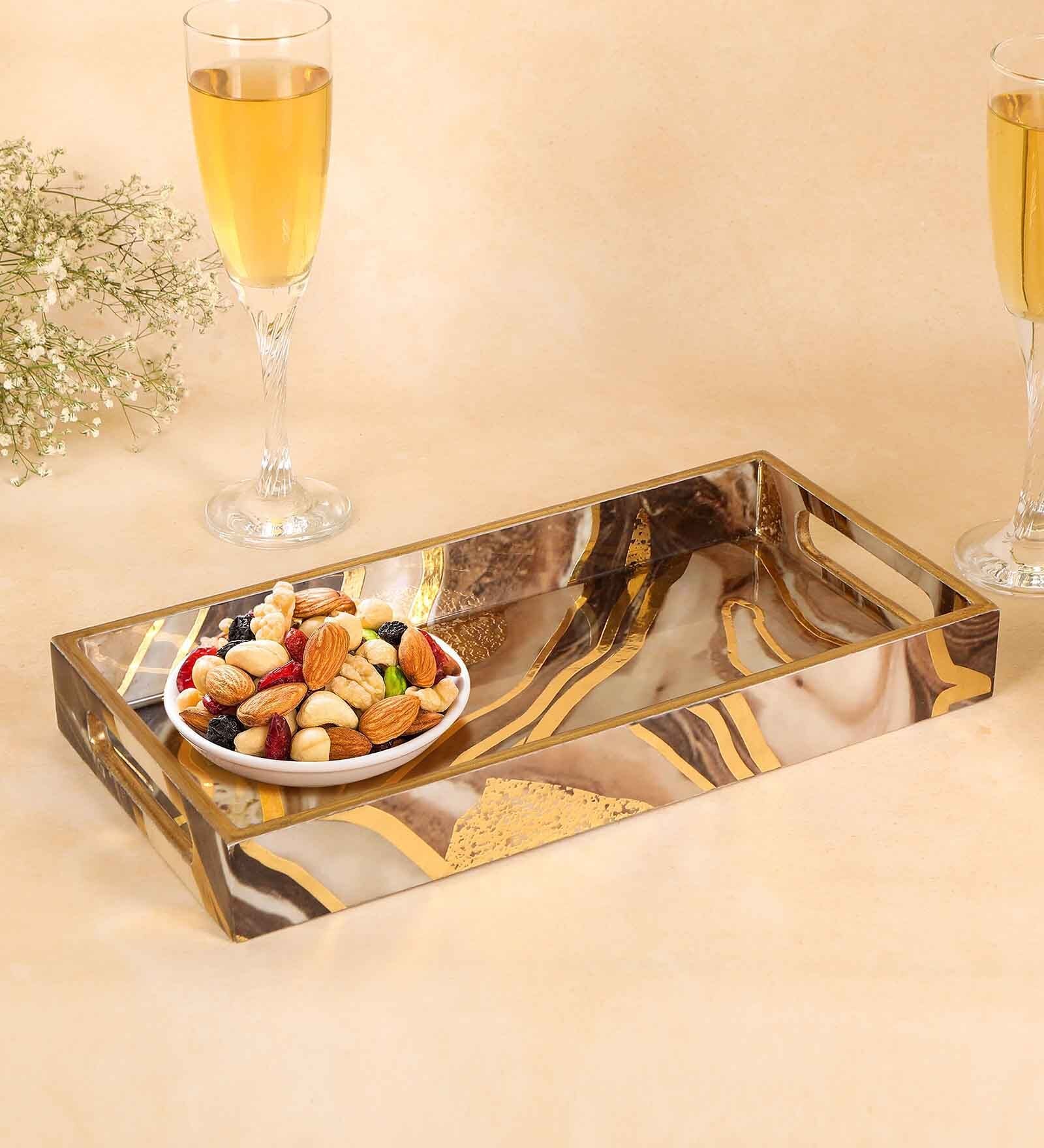 Brown & Gold MDF Wood Marble  Rectangle Serving Tray