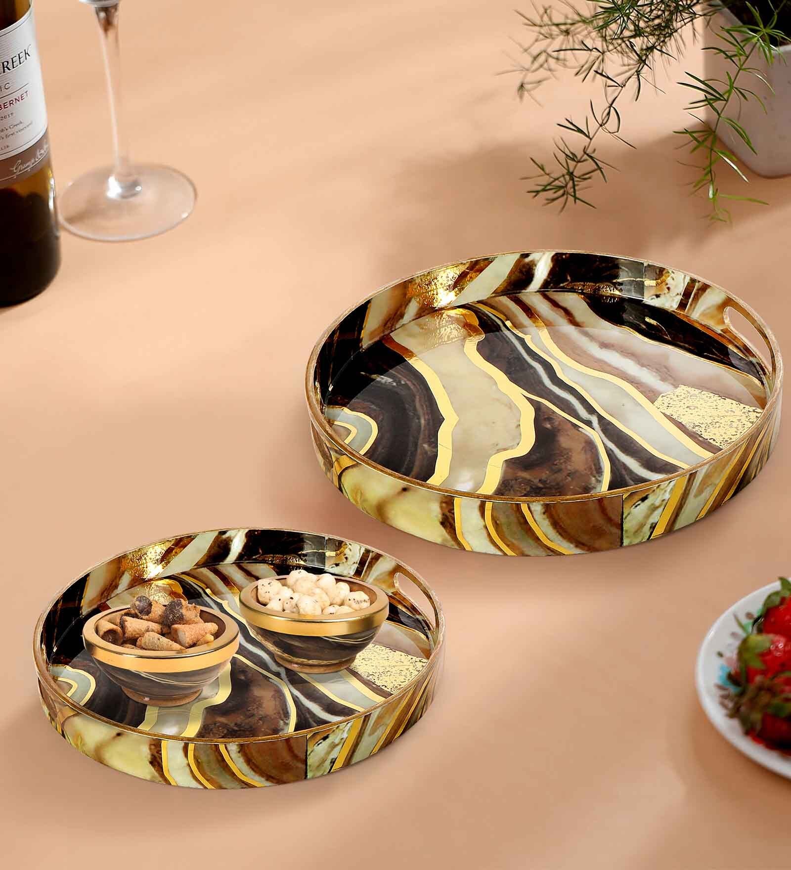 Brown & Gold MDF Wood Marble (Set of 2) Round Serving Trays
