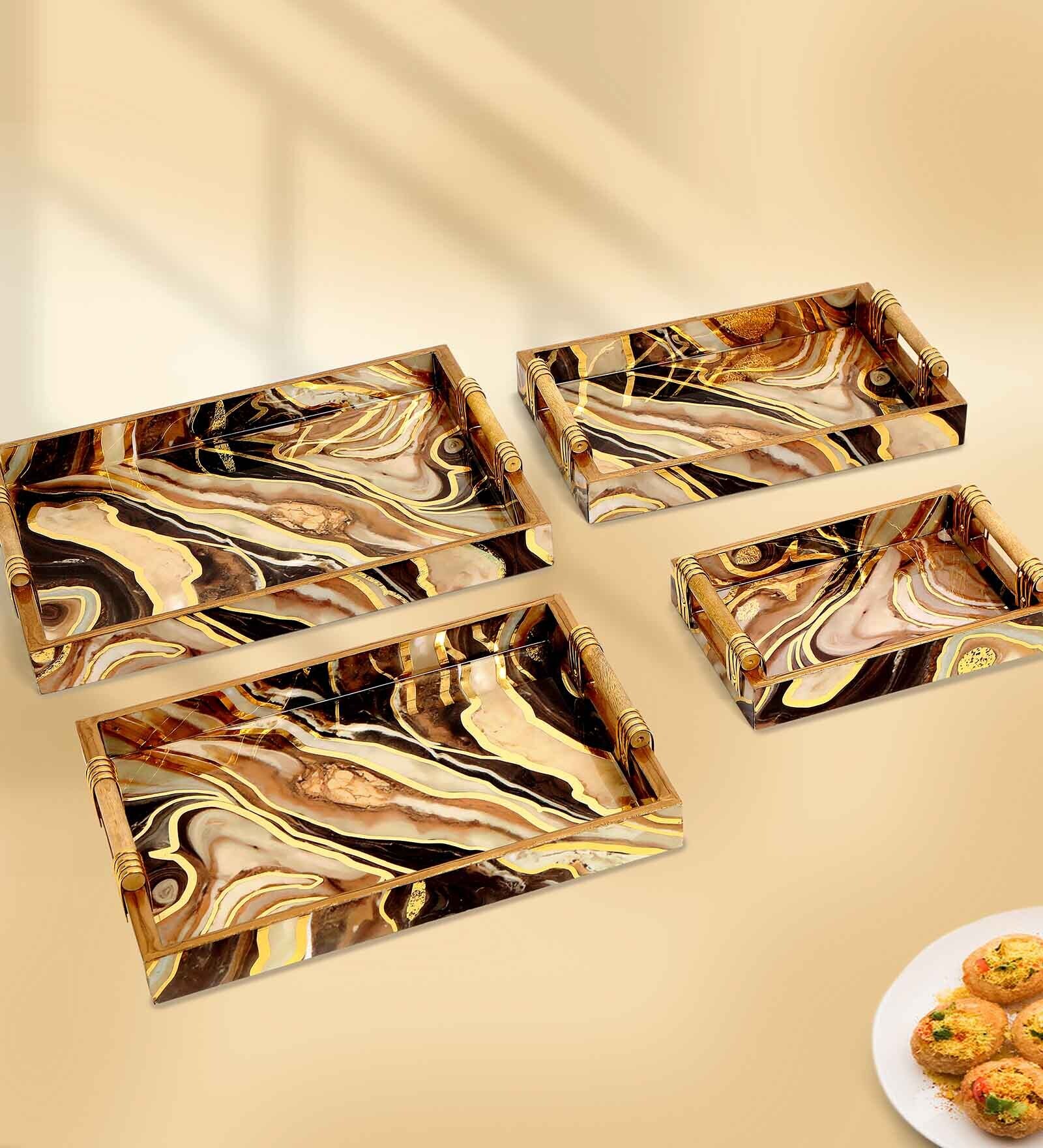Brown & Gold MDF Wood Marble (Set of 4) Serving Trays