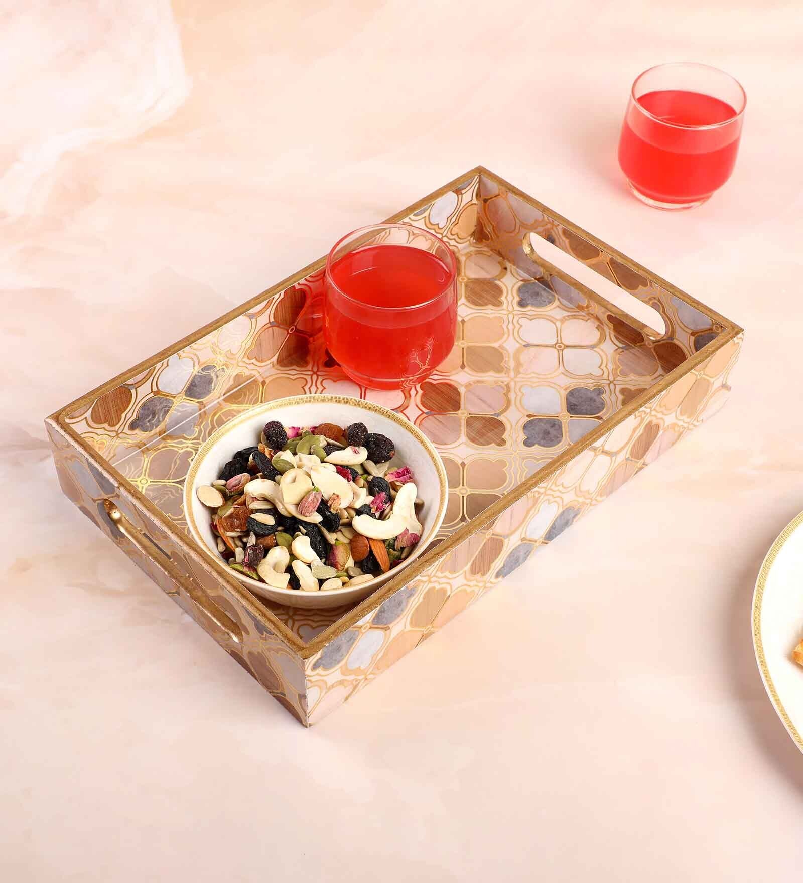 Brown & Gold MDF Wood Mosaic  Rectangle Serving Tray