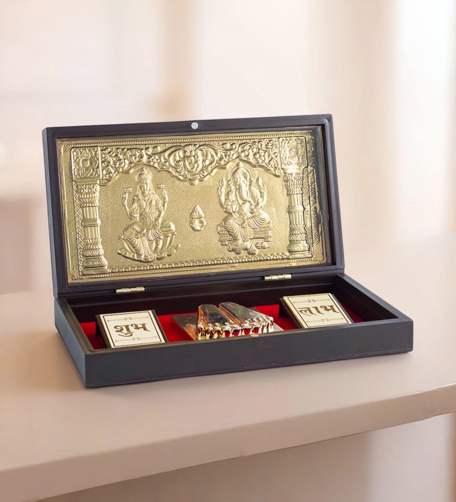 Brown & Gold-Toned 24 Ct Gold Foil Laxmi And Ganesh Prayer Box