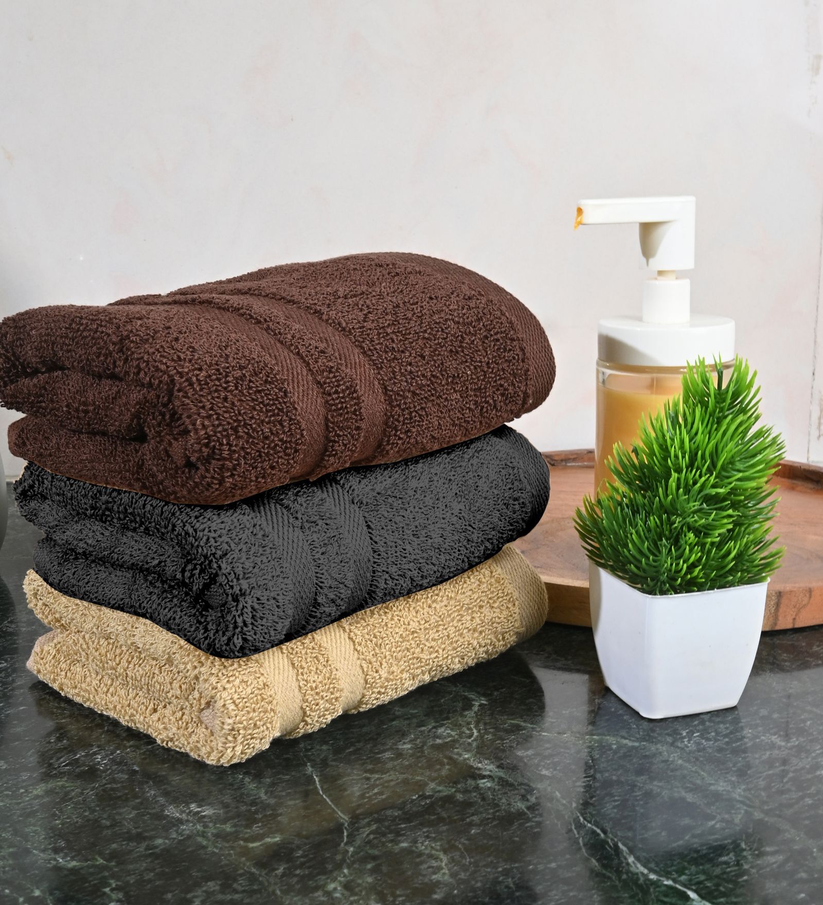 Brown & Grey & Beige Cotton Solid 550 GSM 3 Pcs Hand Towels