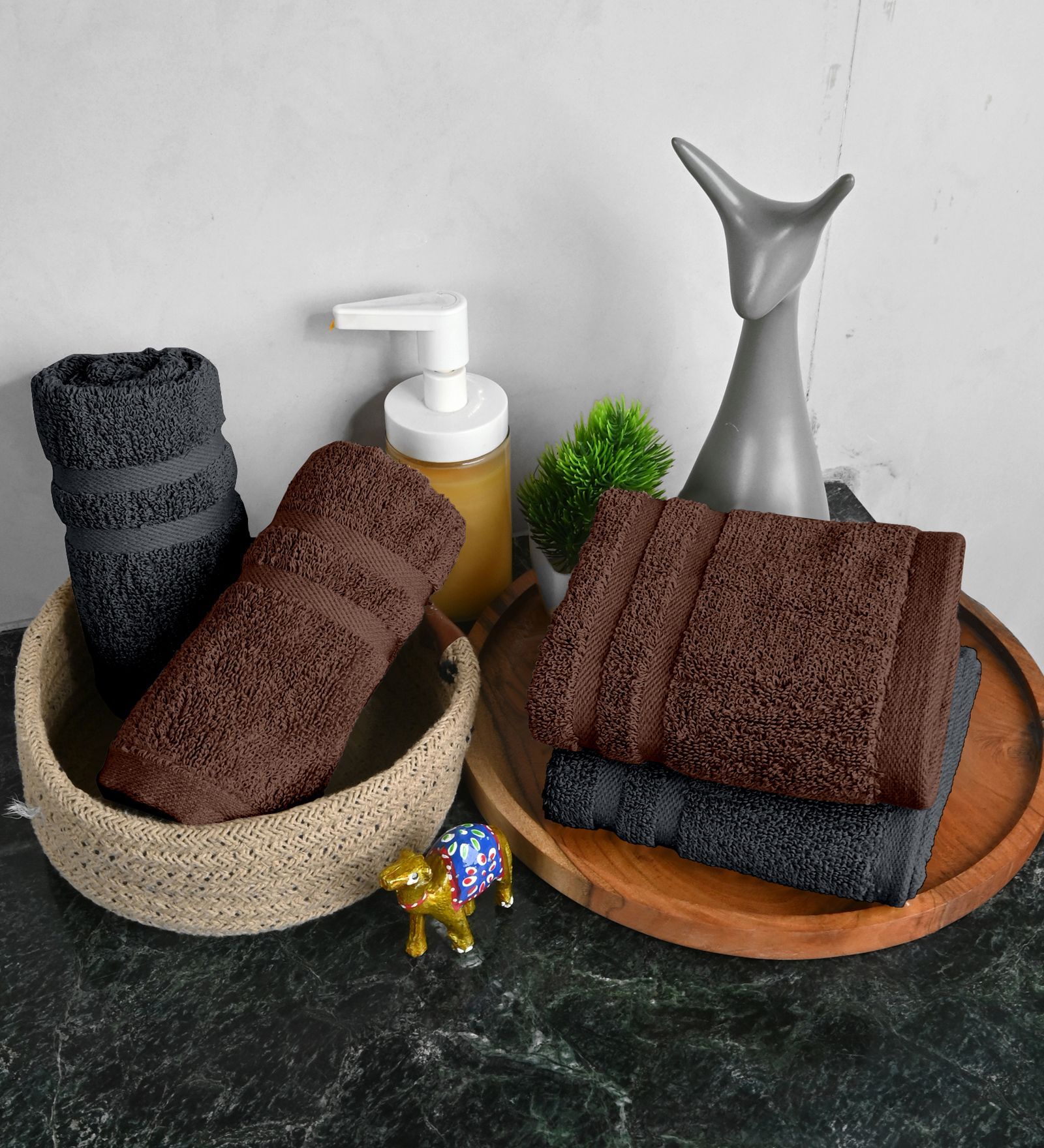 Brown & Grey Cotton Solid 550 GSM 4 Pcs Hand Towels