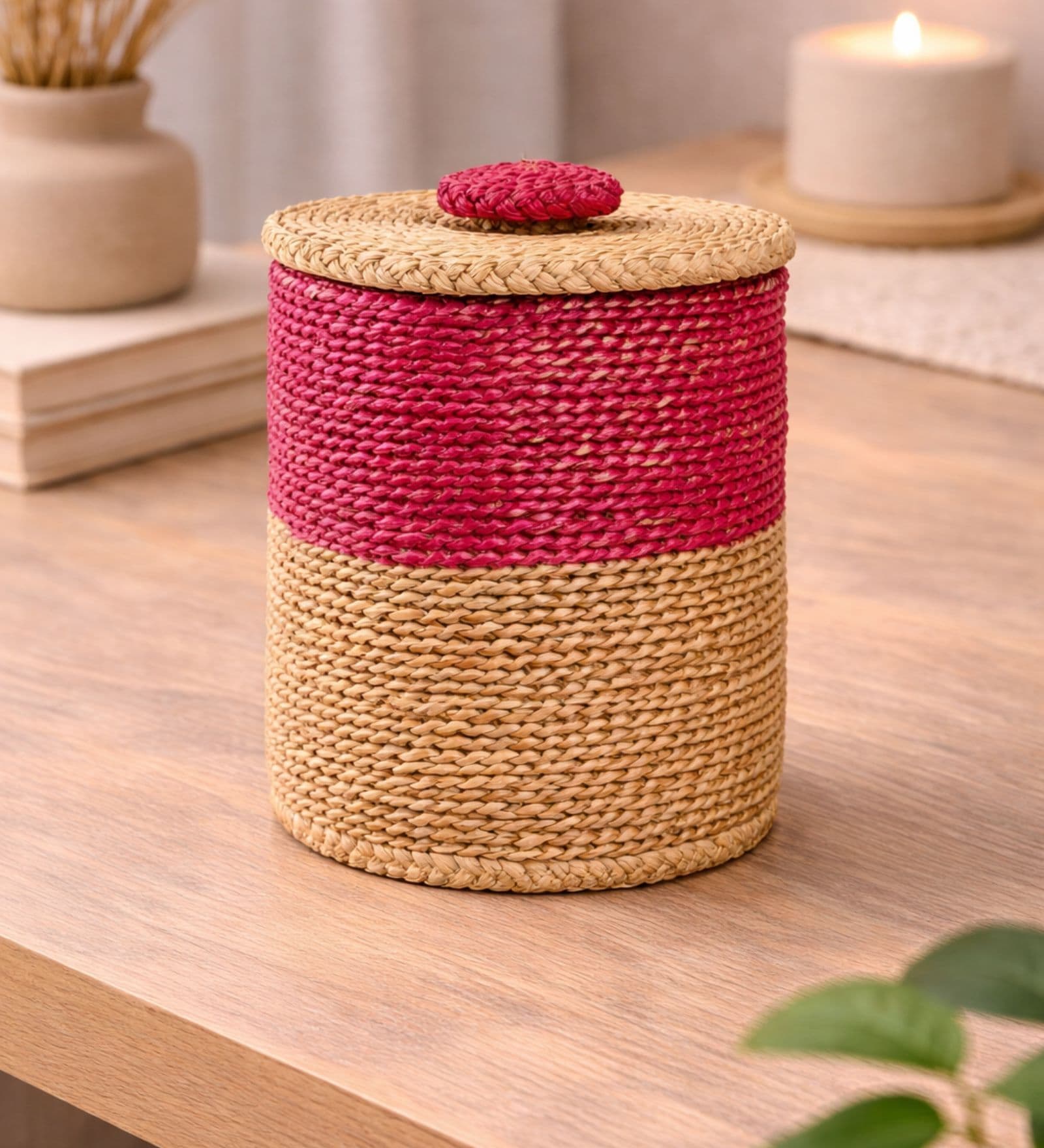 Brown & Pink Hogla Grass Handwoven Cylindrical  Basket