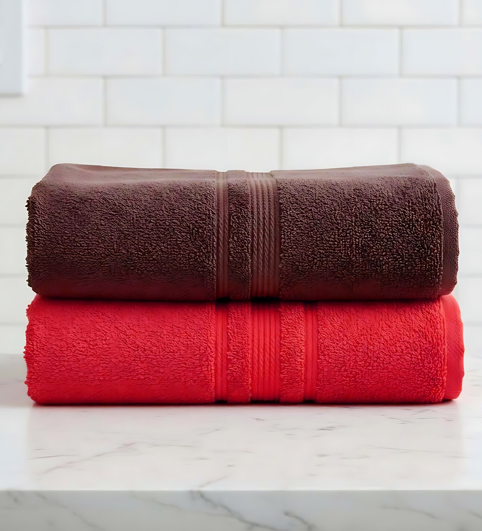 Brown & Red Soft Cotton 500 GSM Solid Bath Towel Pack Of 2