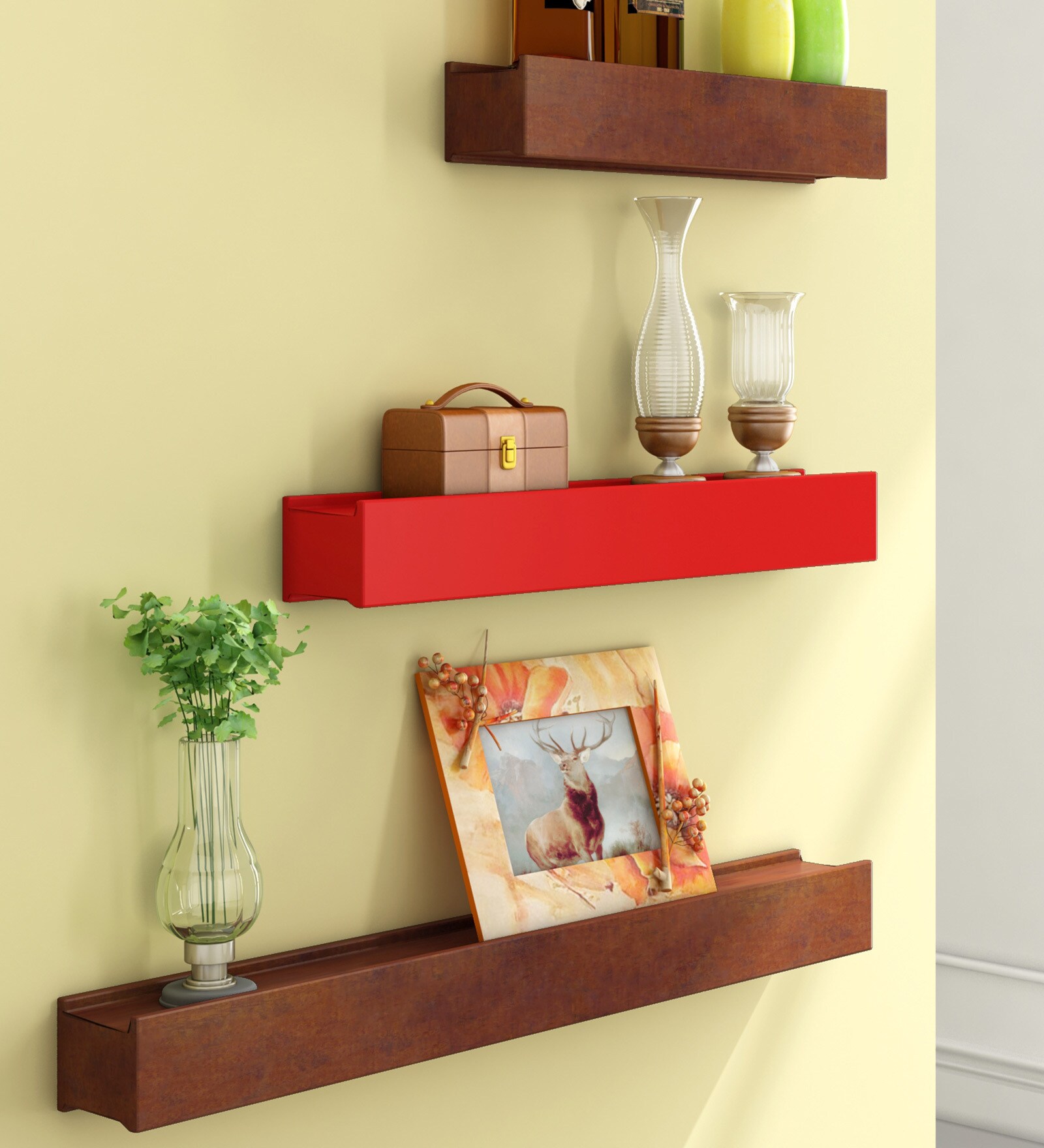 Buy Engineered Wood Floating Wall Shelves in Brown Colour by Home