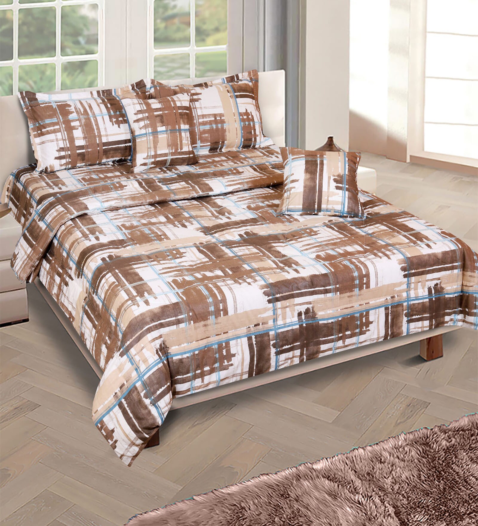 Brown & White Checkered 210 TC Cotton 6 Pieces Bedding Set Collection