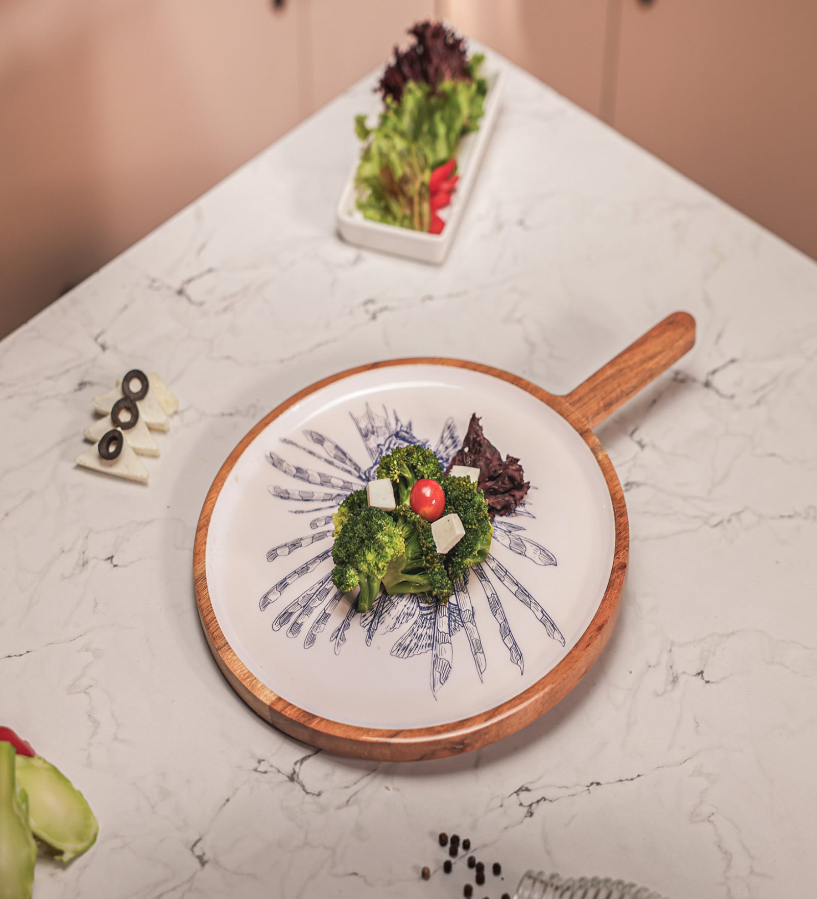 Brown & White Enamel Acacia Wood  Appetizer Platter