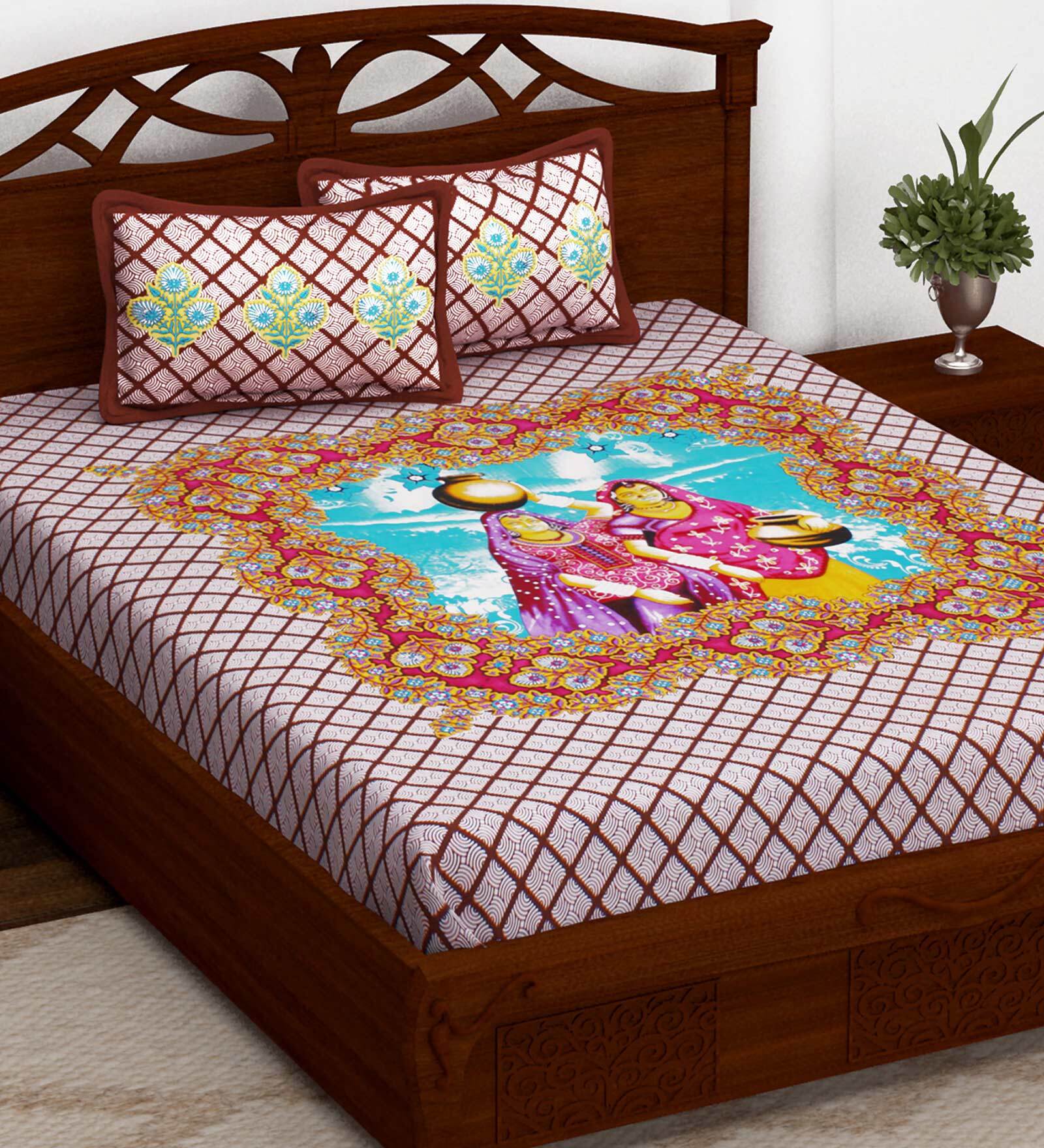 Buy Brown Traditional 152 TC 100 Cotton Queen Sized Bed Sheets with 2