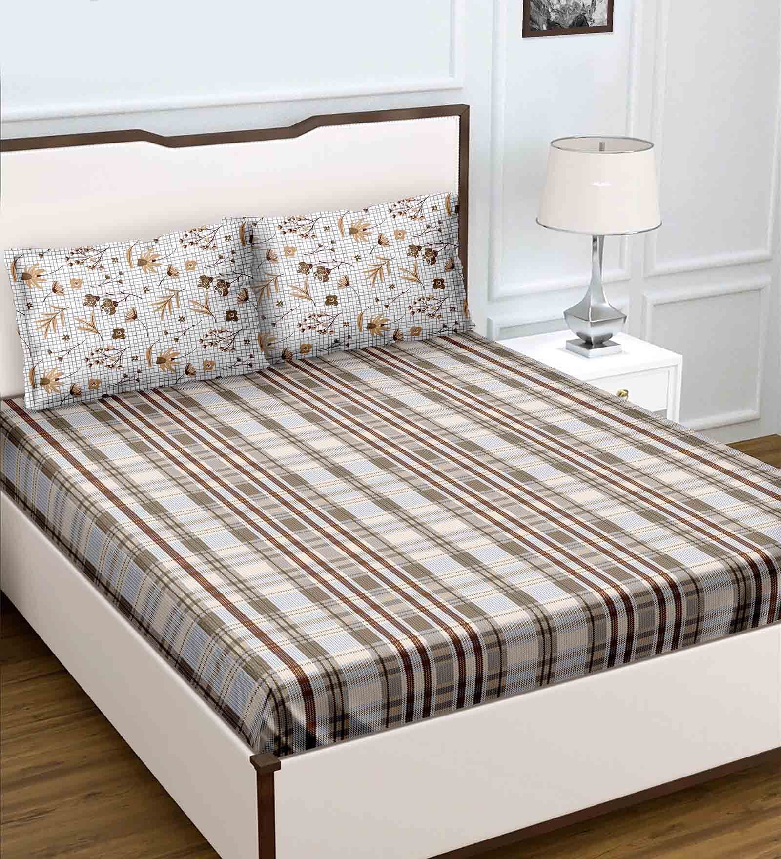 Brown Checkered 180 TC Cotton Queen Sized Bed Sheets with 2 Pillow Covers