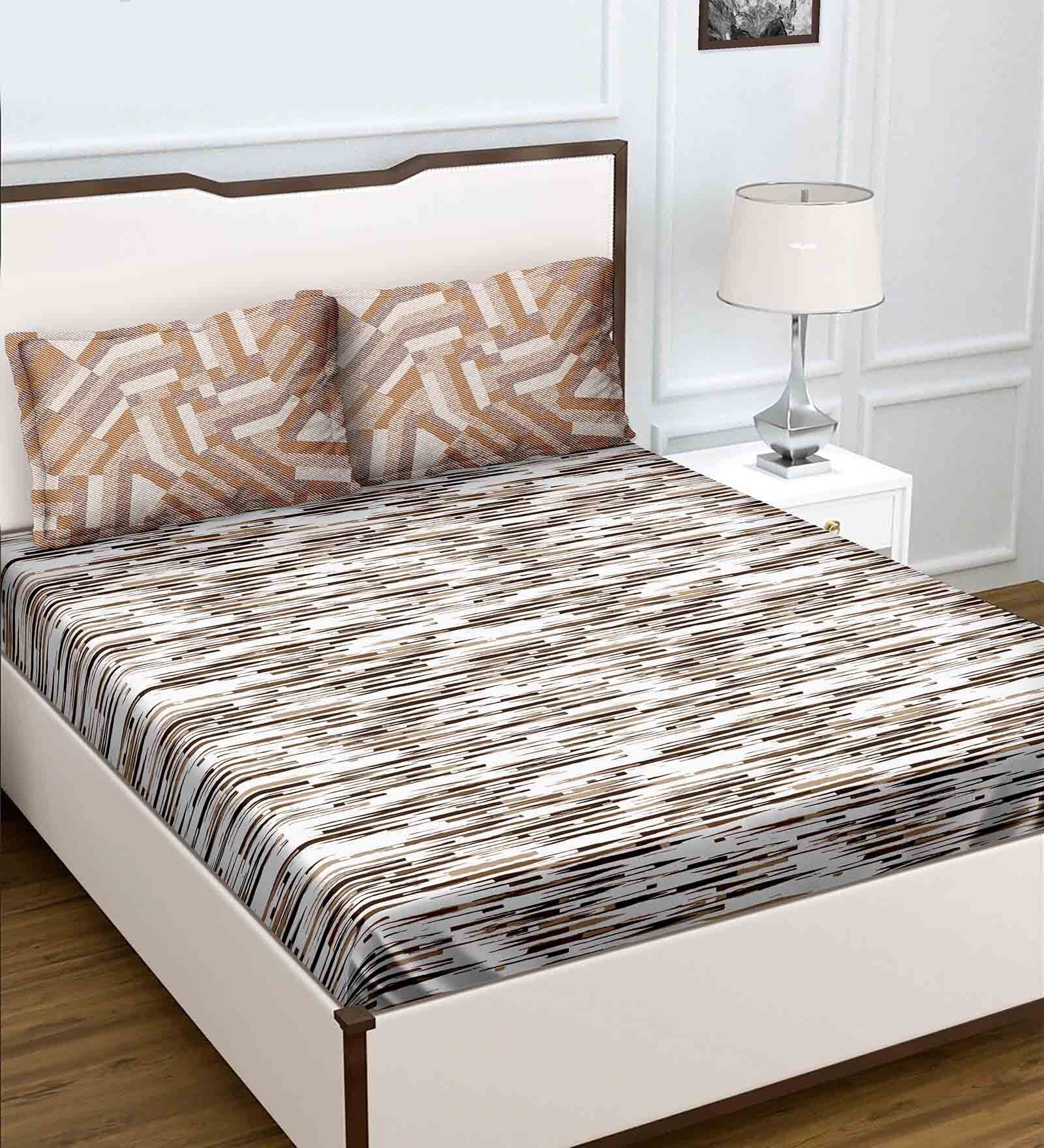Brown Abstract 180 TC Cotton Queen Sized Bed Sheets with 2 Pillow Covers