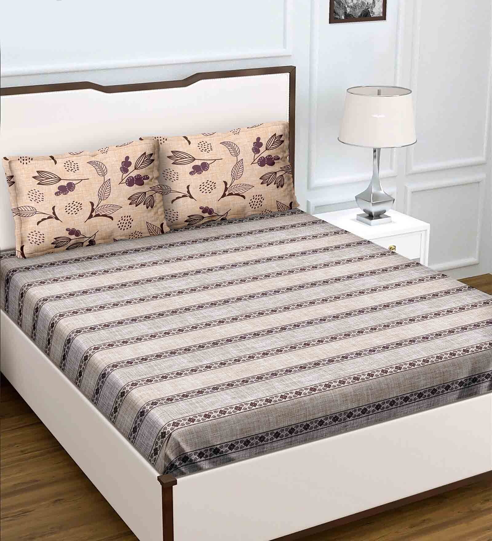 Brown Traditional 180 TC Cotton Queen Sized Bed Sheets with 2 Pillow Covers