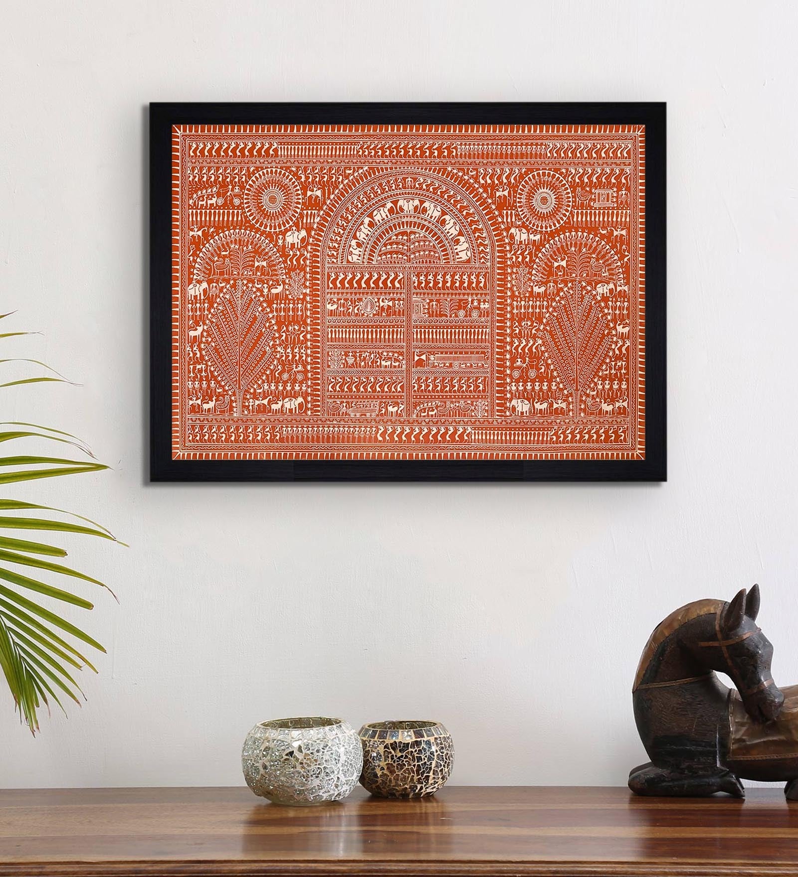Brown Ethnic Dhokra And Warli Art Textured Paper Framed Art Print