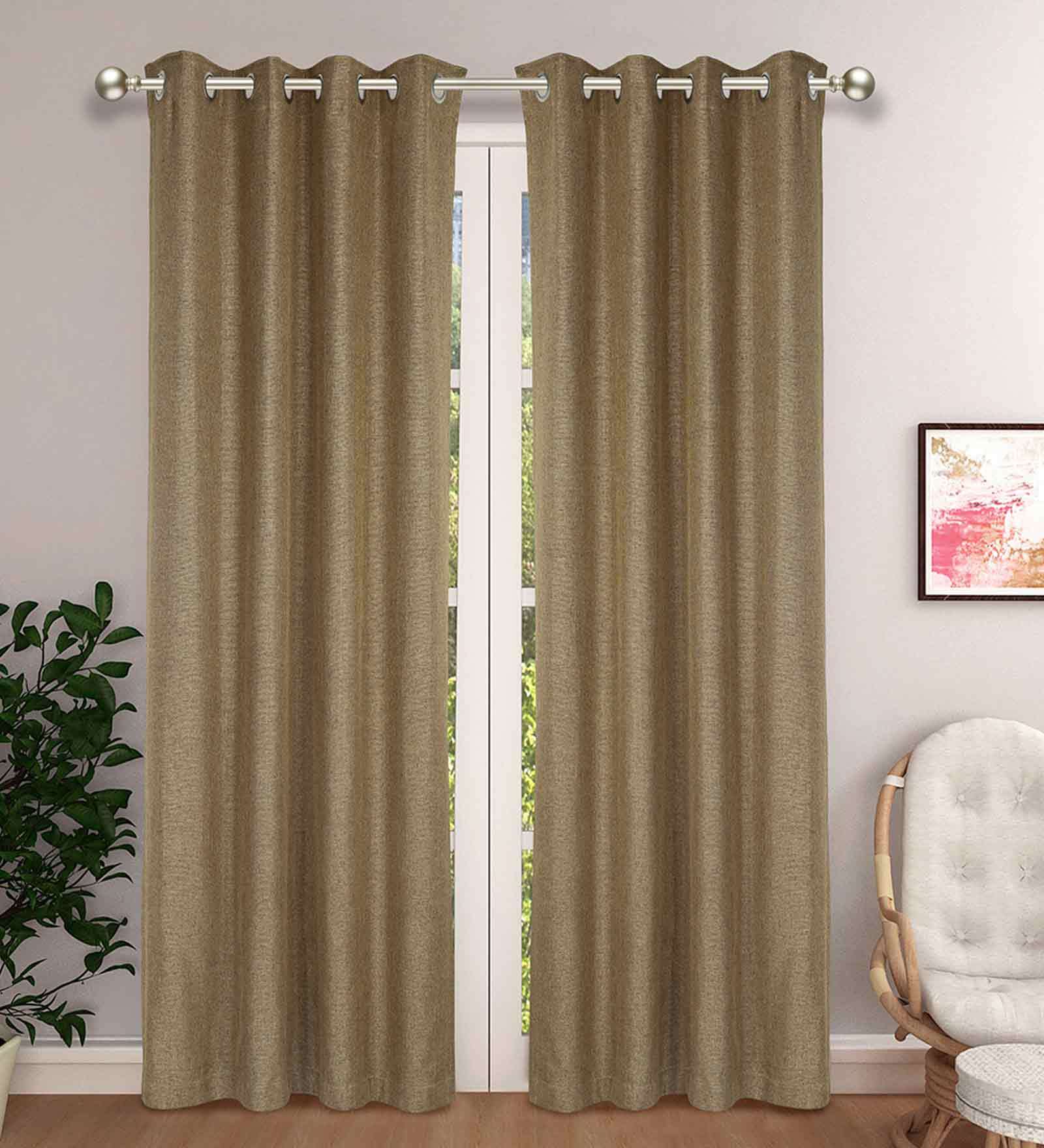 Brown Solid Jute 8 Ft Light Filtering Eyelet Door Curtains (Set of 2)