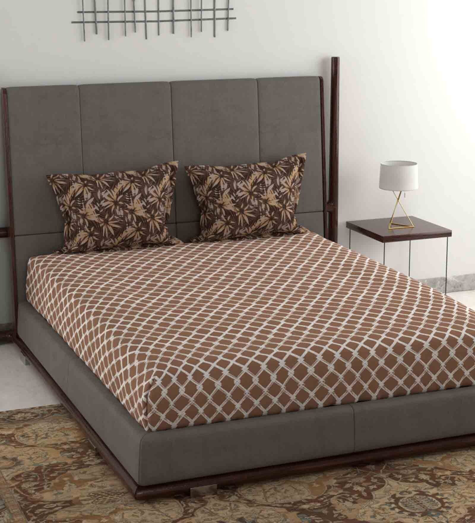 Buy Brown Geometric 144 TC Cotton 1 Double Bedsheet with 2 Pillow