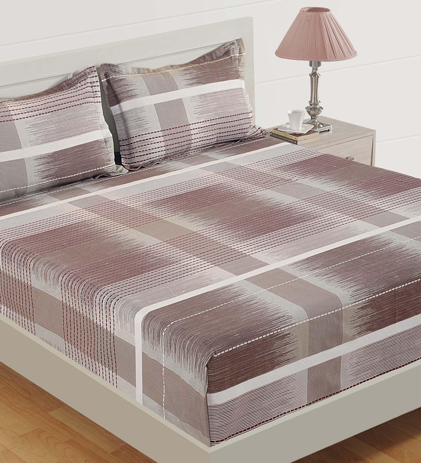Brown 160 TC Stripe Print Cotton Single Bed Sheet with 1 Pillow Cover