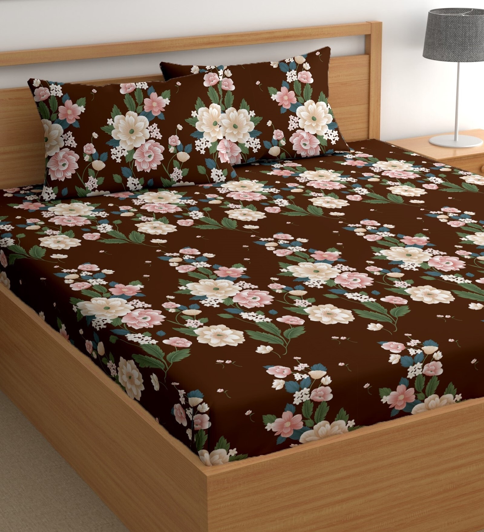Brown 180 TC Floral Cotton Queen Double Bedsheet 2 Pillow covers
