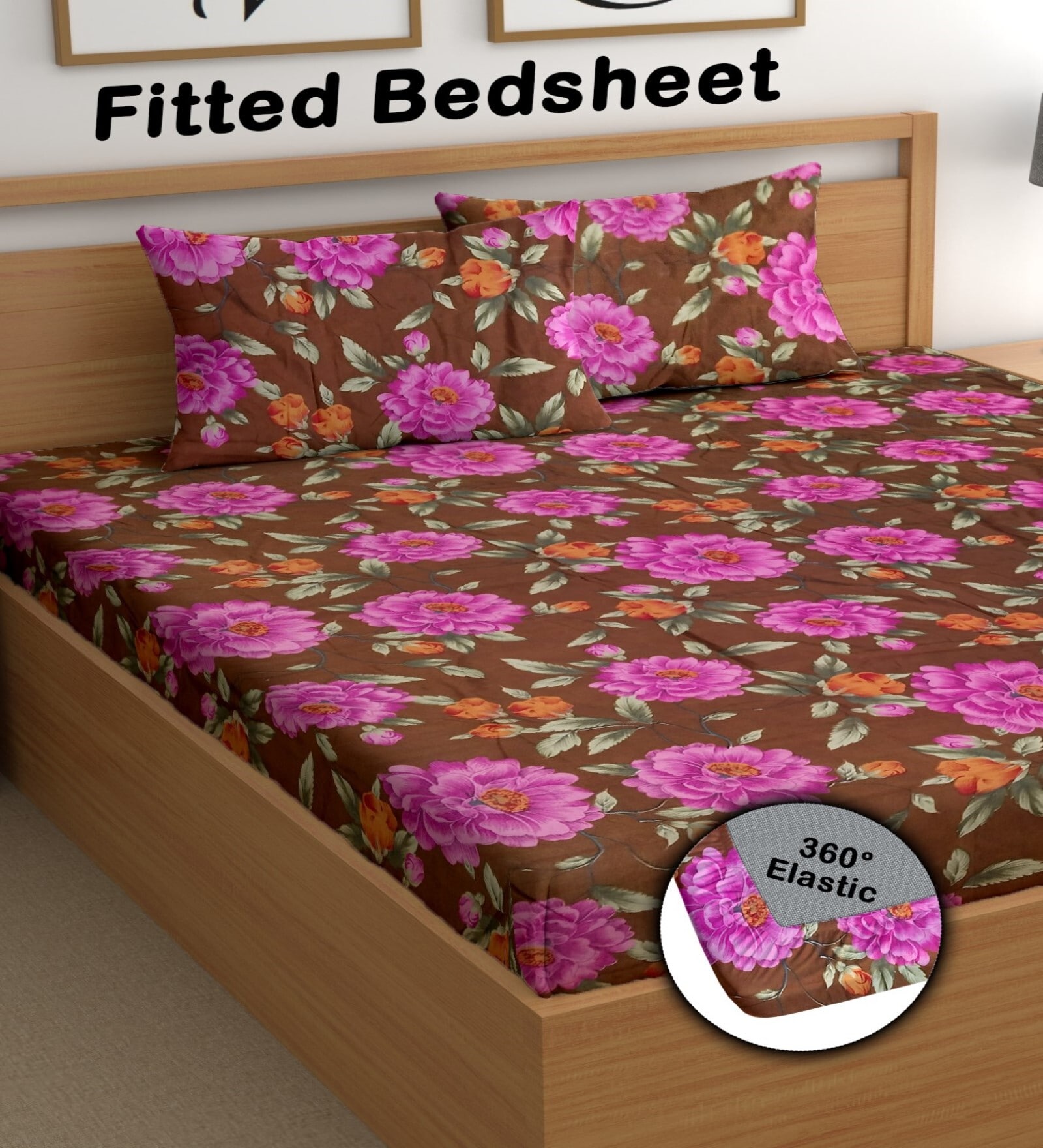 Brown 180 TC Floral Cotton Fitted Double Bedsheet 2 Pillow covers