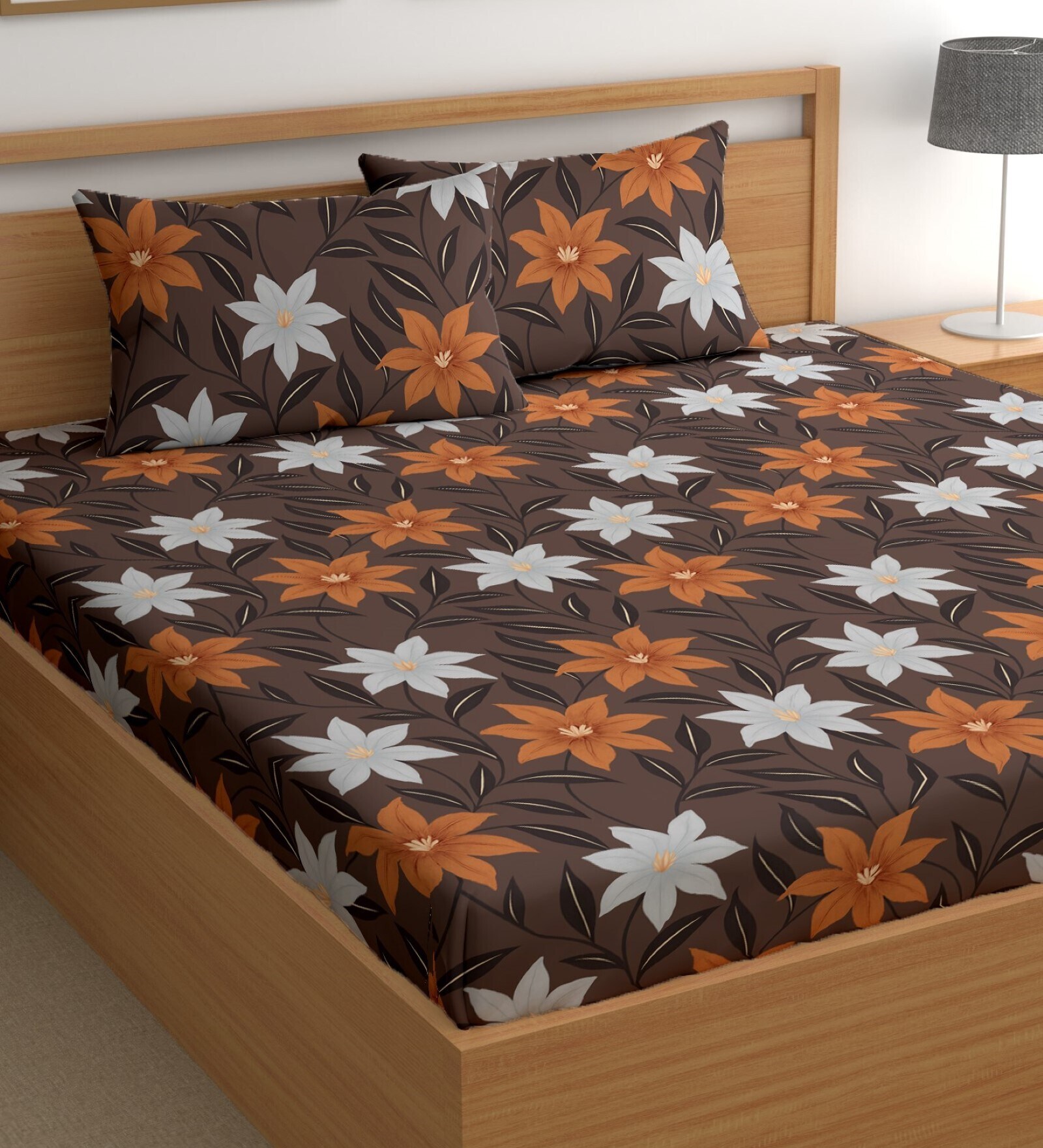 Brown 180 TC Floral Cotton Queen Double Bedsheet 2 Pillow covers
