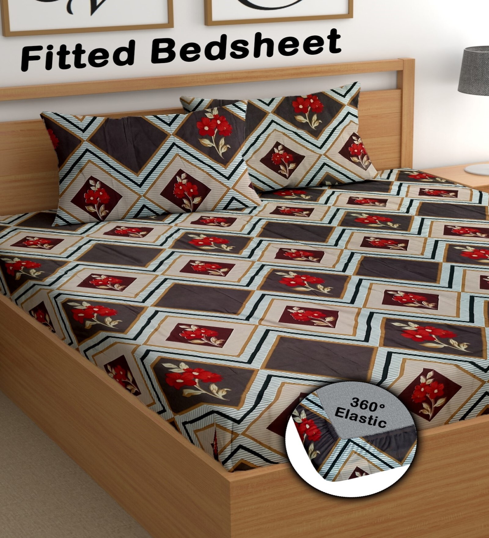Brown 180 TC Floral Cotton Fitted Double Bedsheet 2 Pillow covers