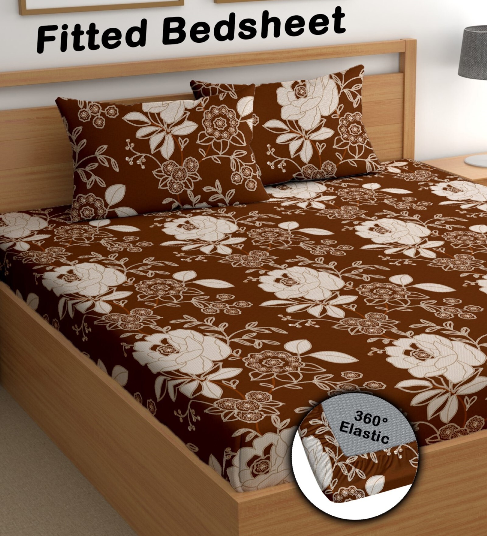 Brown 180 TC Floral Cotton Fitted Double Bedsheet 2 Pillow covers