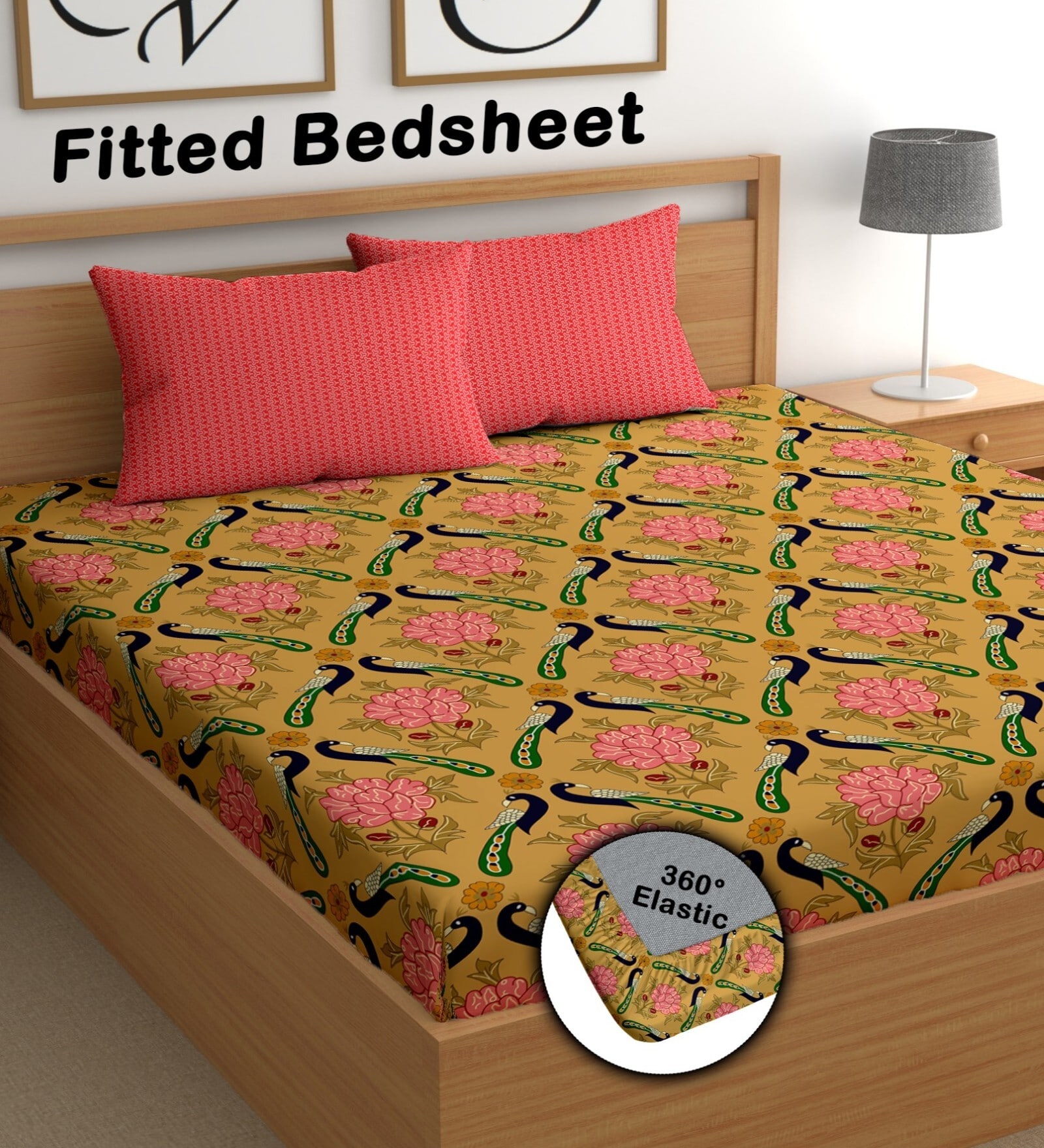 Brown 180 TC Floral Cotton Fitted Double Bedsheet 2 Pillow covers