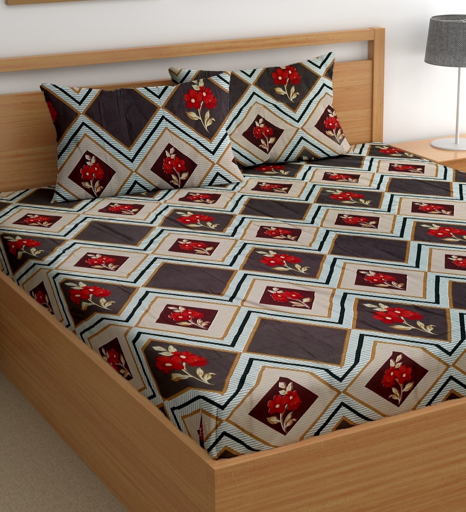 Brown 180 TC Floral Cotton Queen Double Bedsheet 2 Pillow covers