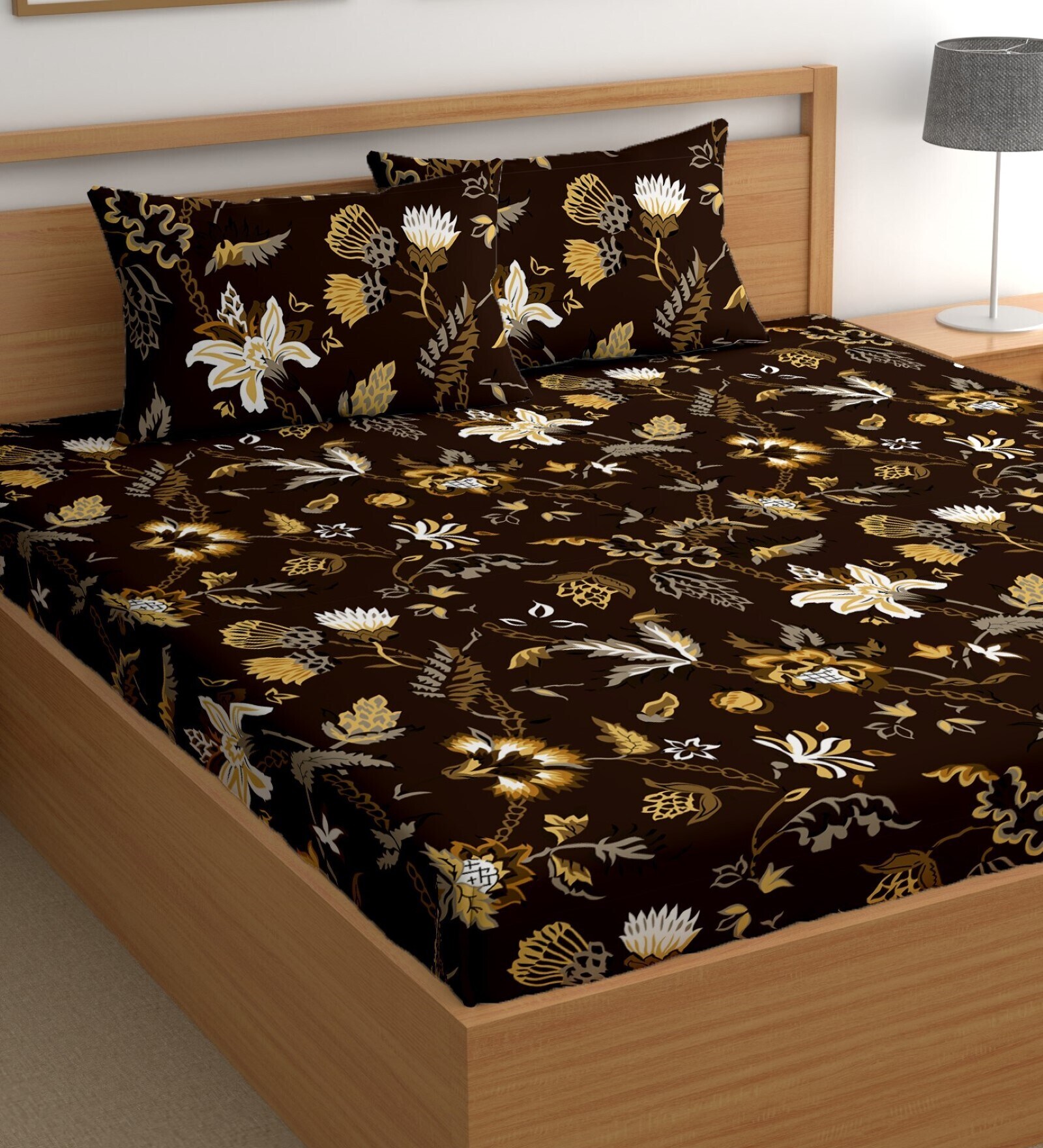 Brown 180 TC Floral Cotton Queen Double Bedsheet 2 Pillow covers