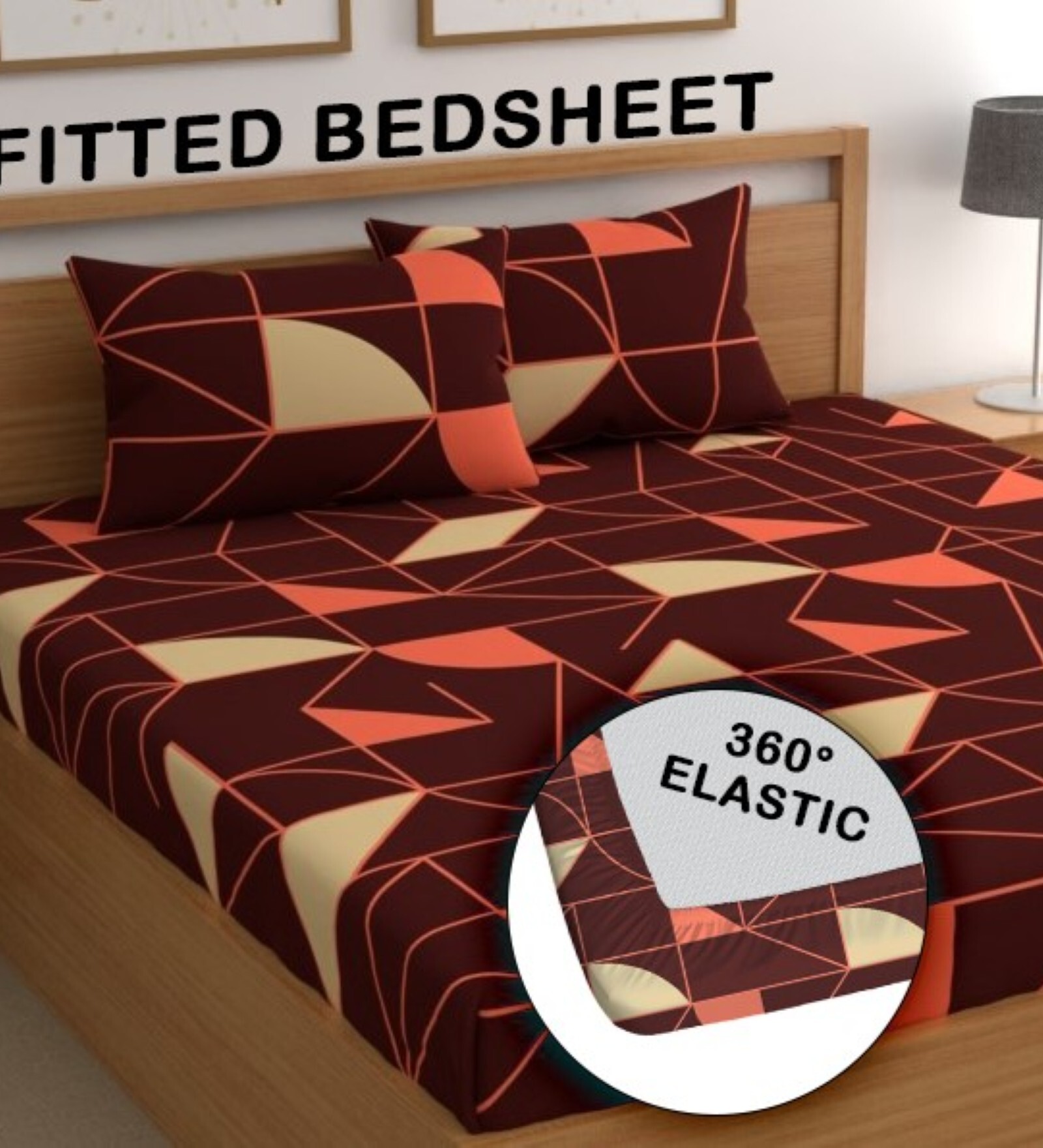 Brown 180 TC Geometric Cotton Fitted Double Bedsheet 2 Pillow covers