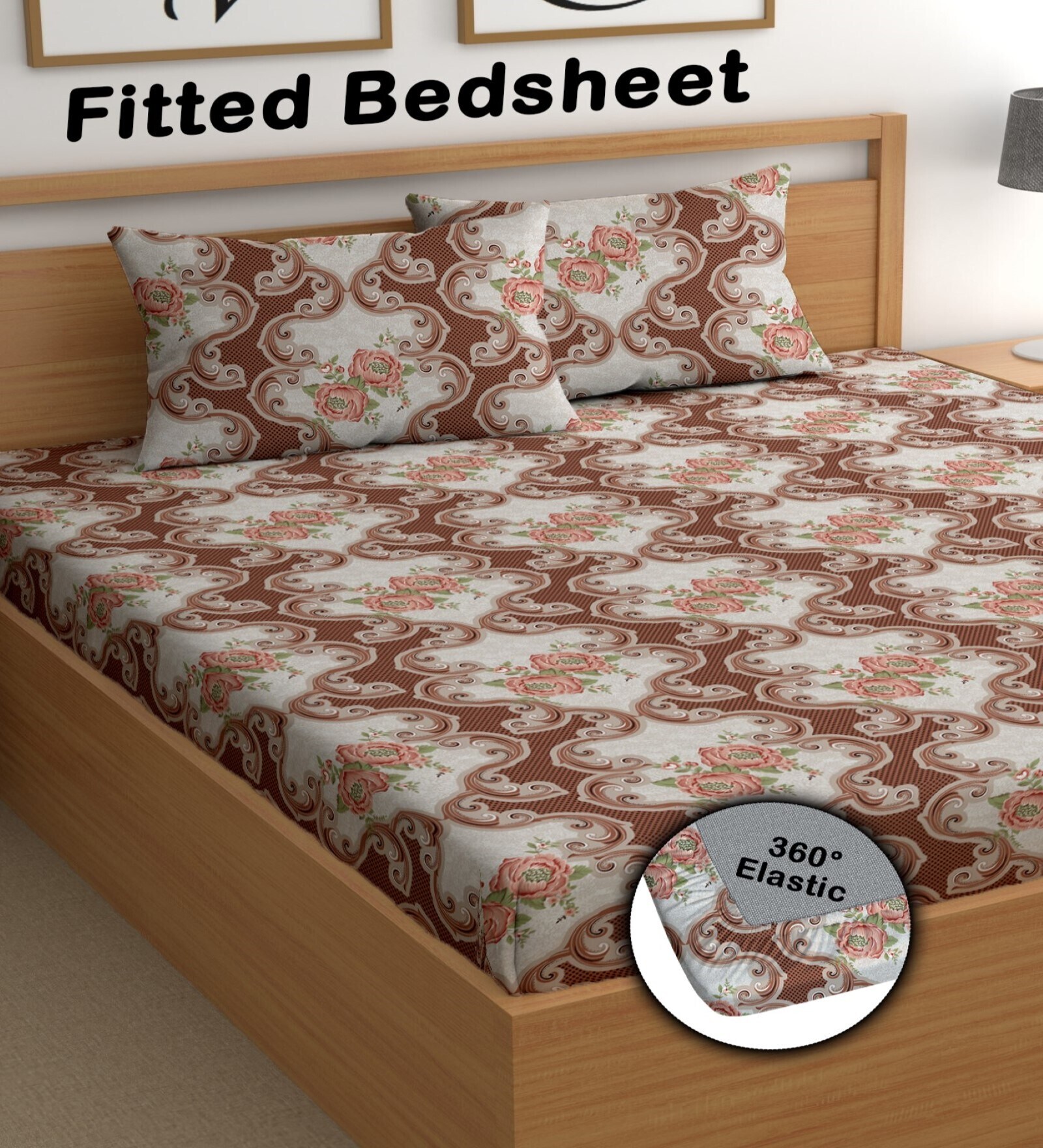 Brown 180 TC Floral Cotton Fitted Double Bedsheet 2 Pillow covers