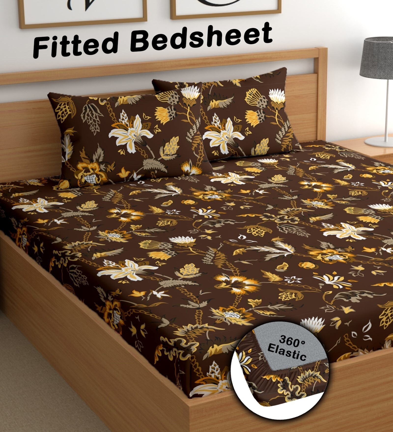 Brown 180 TC Floral Cotton Fitted Double Bedsheet 2 Pillow covers