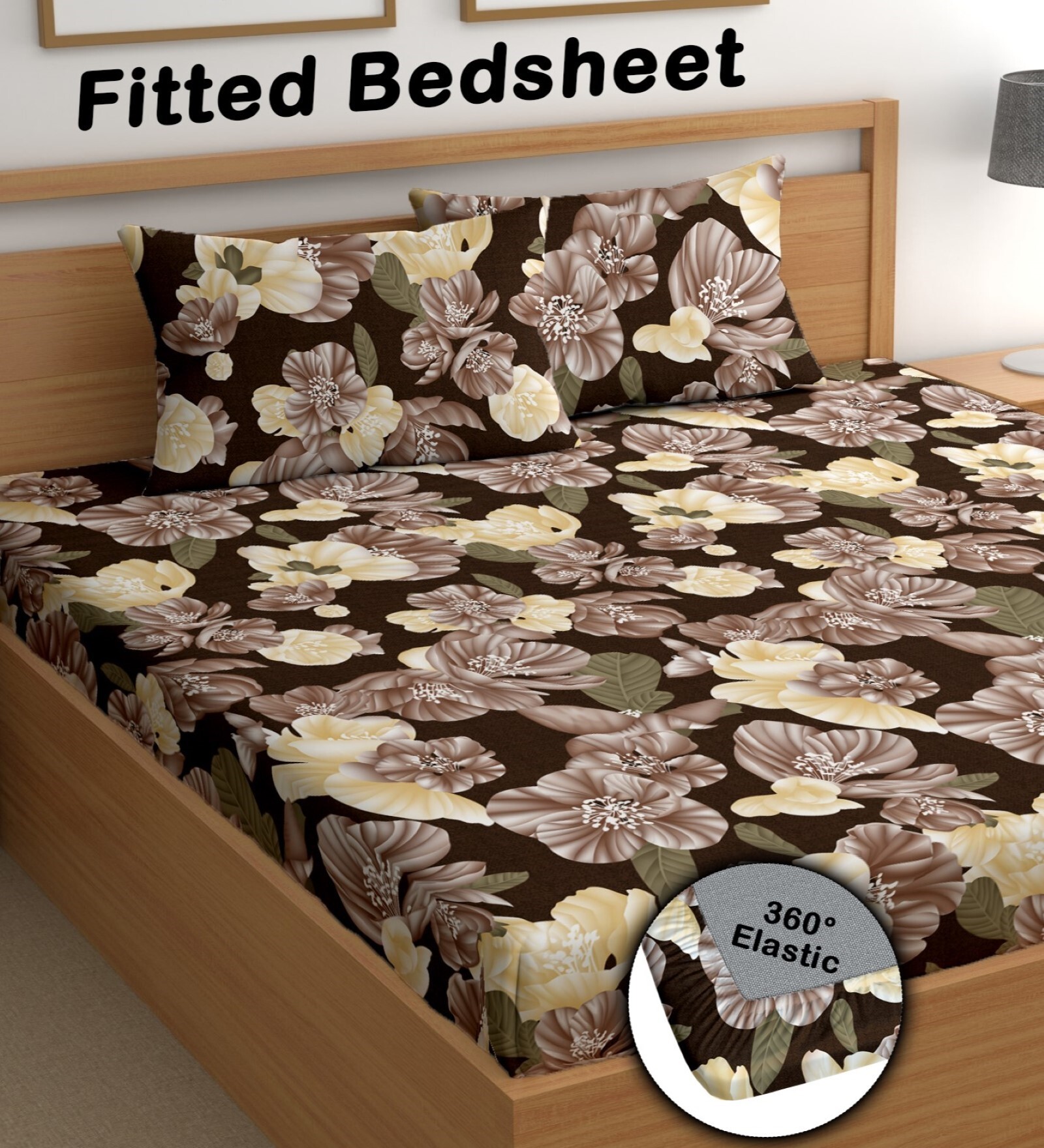 Brown 180 TC Floral Cotton Fitted Double Bedsheet 2 Pillow covers