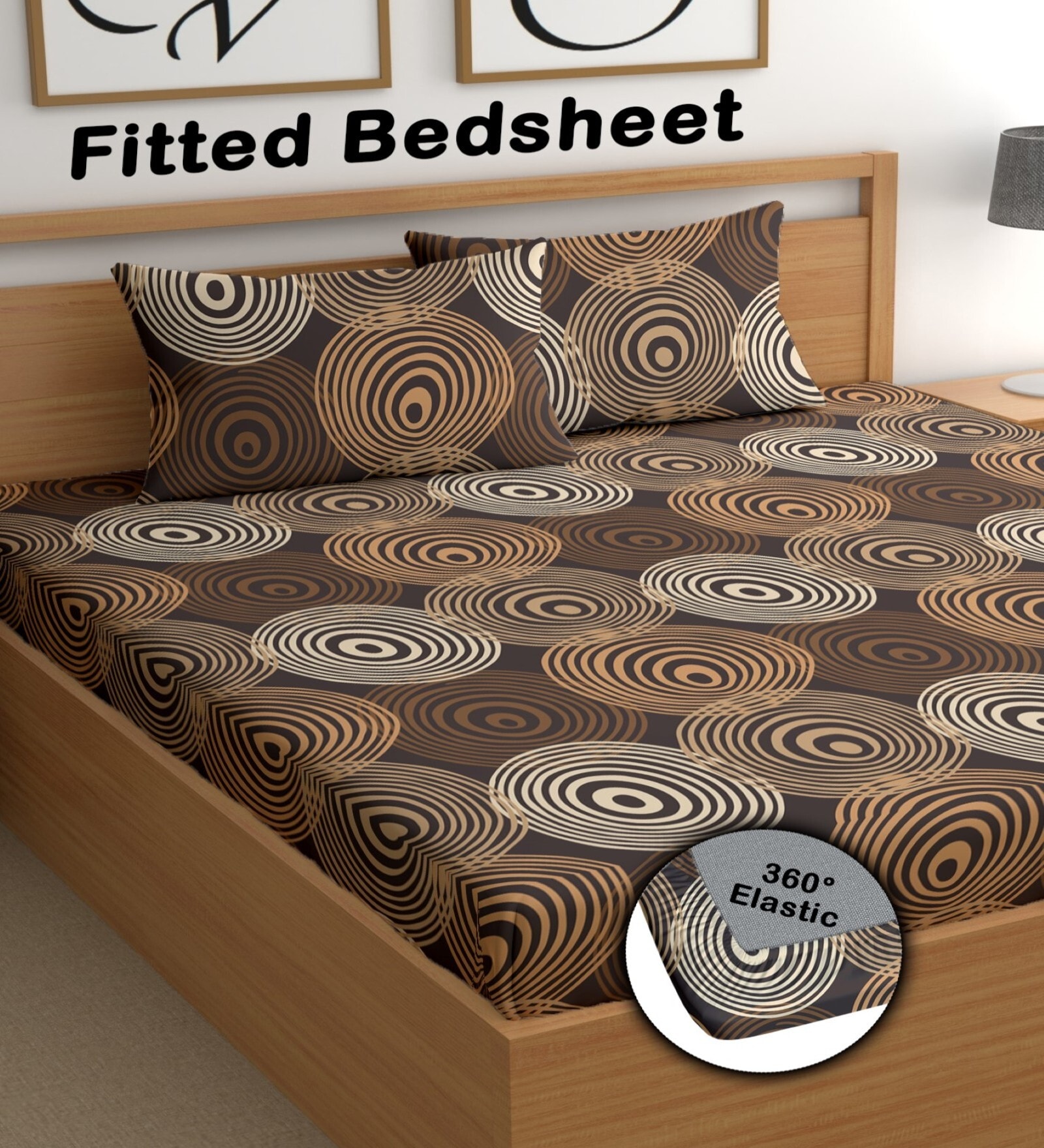 Brown 180 TC Floral Cotton Fitted Double Bedsheet 2 Pillow covers