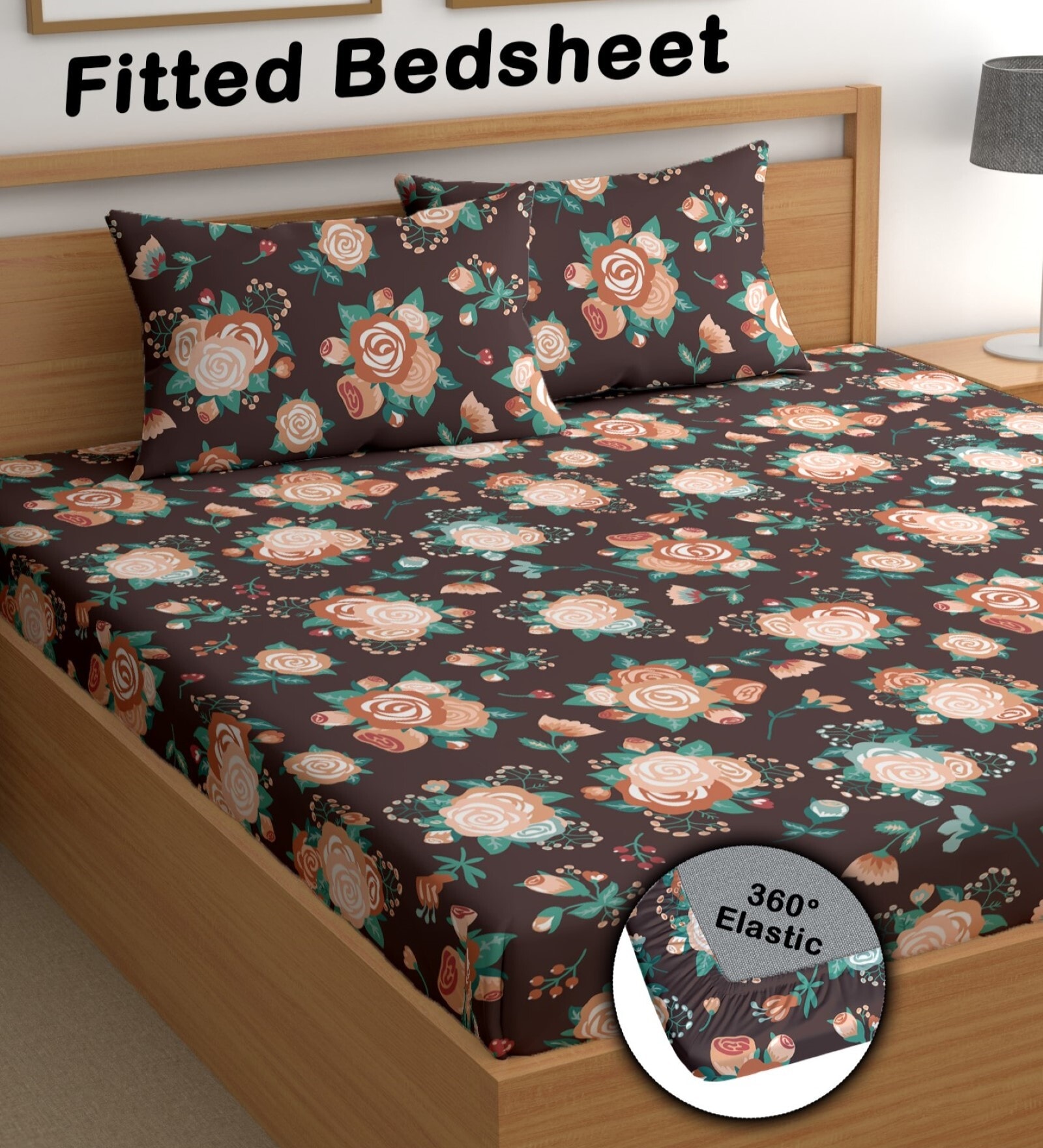 Brown 200 TC Floral Cotton Fitted Double Bedsheet 2 Pillow covers